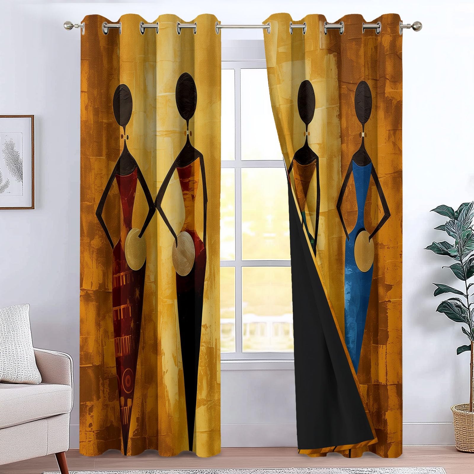 Tende Oscuranti per Interni 2 Pezzi 140x260 cm (LxA), Africa Donna Astratta Tenda Coprente per Soggiorno, Termiche Isolanti Oro Tendaggi per Interno Finestra per Salotto Cucina