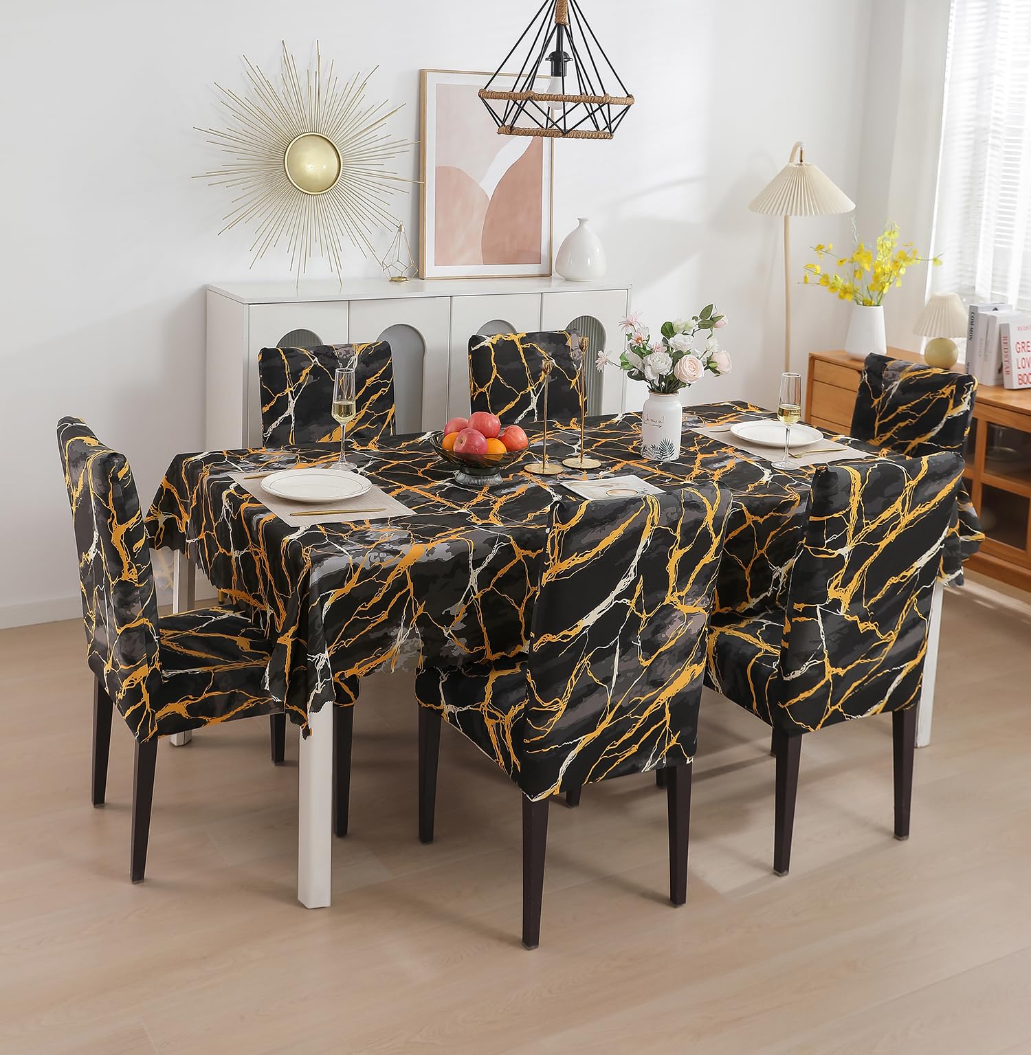 House of Quirk Polyvinyl Chloride Dining Chair Cover with Table Covers for Kitchen Waterproof Dining Table Cloth (Dark Sunrise, 1 Table Cover + 6 Chair Cover, Rectangular, Multicolor)