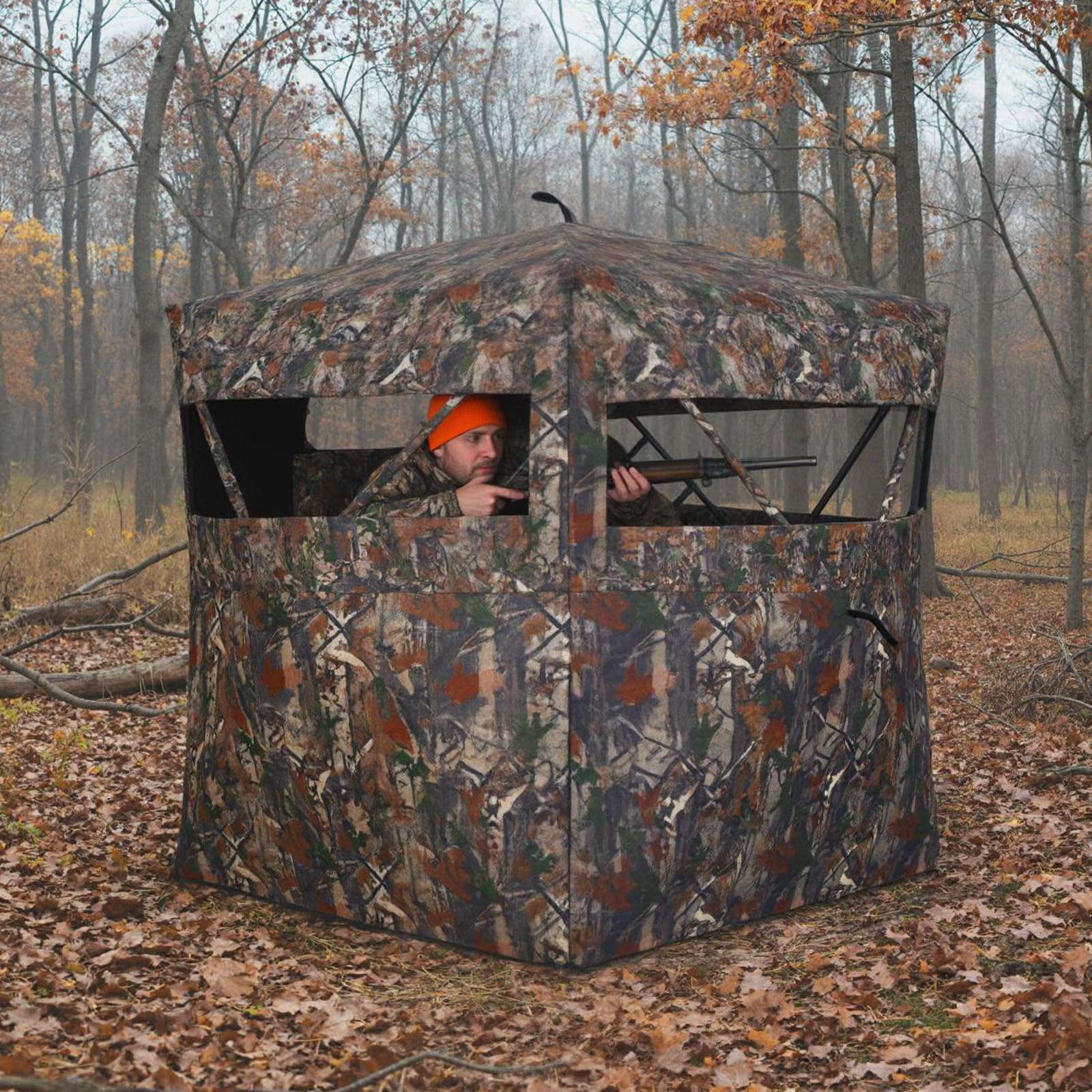 COSTWAY Persiana de Caza Portátil, Vista de 360°, Puesto de Caza para 4 Personas, Ventanas de Deslizamiento Silencioso, Bolsa de Transporte, Carpa Plegable Portátil, Camuflaje