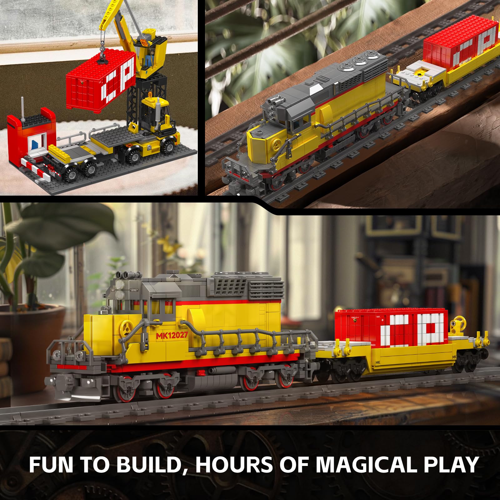 Mould King 12027 Kit di locomotiva diesel con semirimorchio e gru modello di tecnologia telecomandata, da collezione per adulti e appassionati di ferrovia (1257 pezzi)