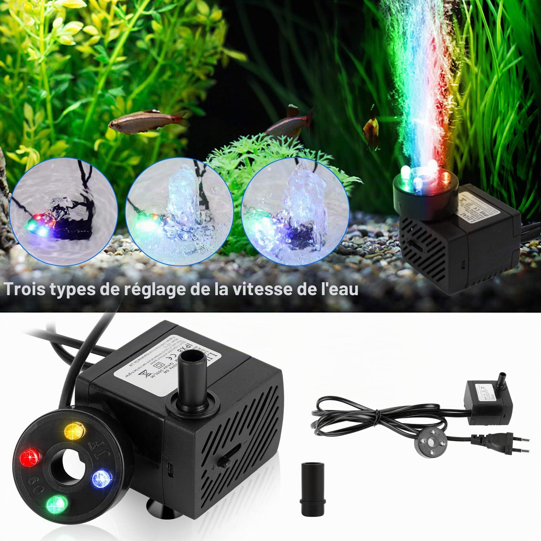 Forever Speed Mini pompe à eau d'aquarium 5 W - Pompe submersible pour aquarium - Avec 4 LED colorées - Mini， arts en pierre - Hauteur de refoulement maximale : 0,85 m, 350 l/h