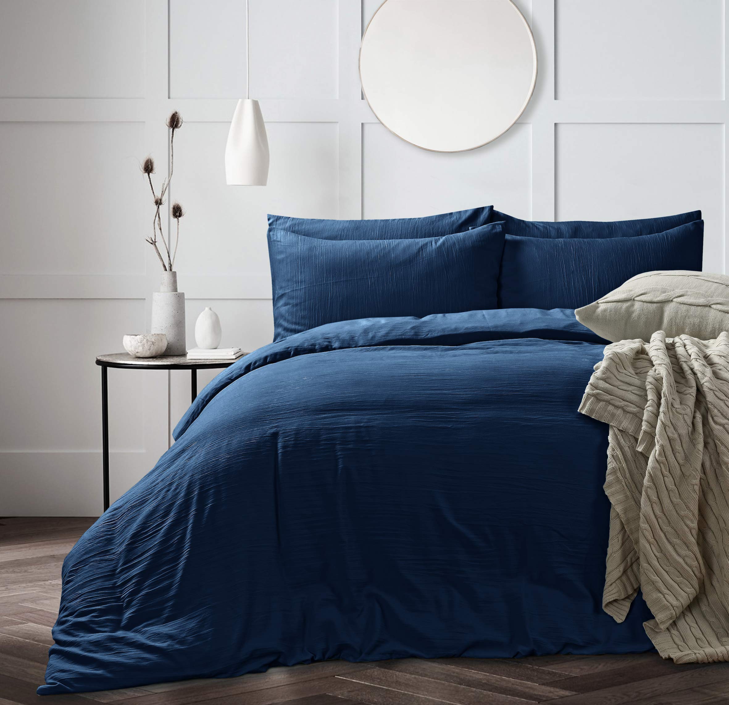 WASHED LINEN Look Bedding DUVET COVER SET WITH PILLOW CASE Soft Touch Plain Brushed Microfiber Quilt Cover Bed Set (Navy, Super King)