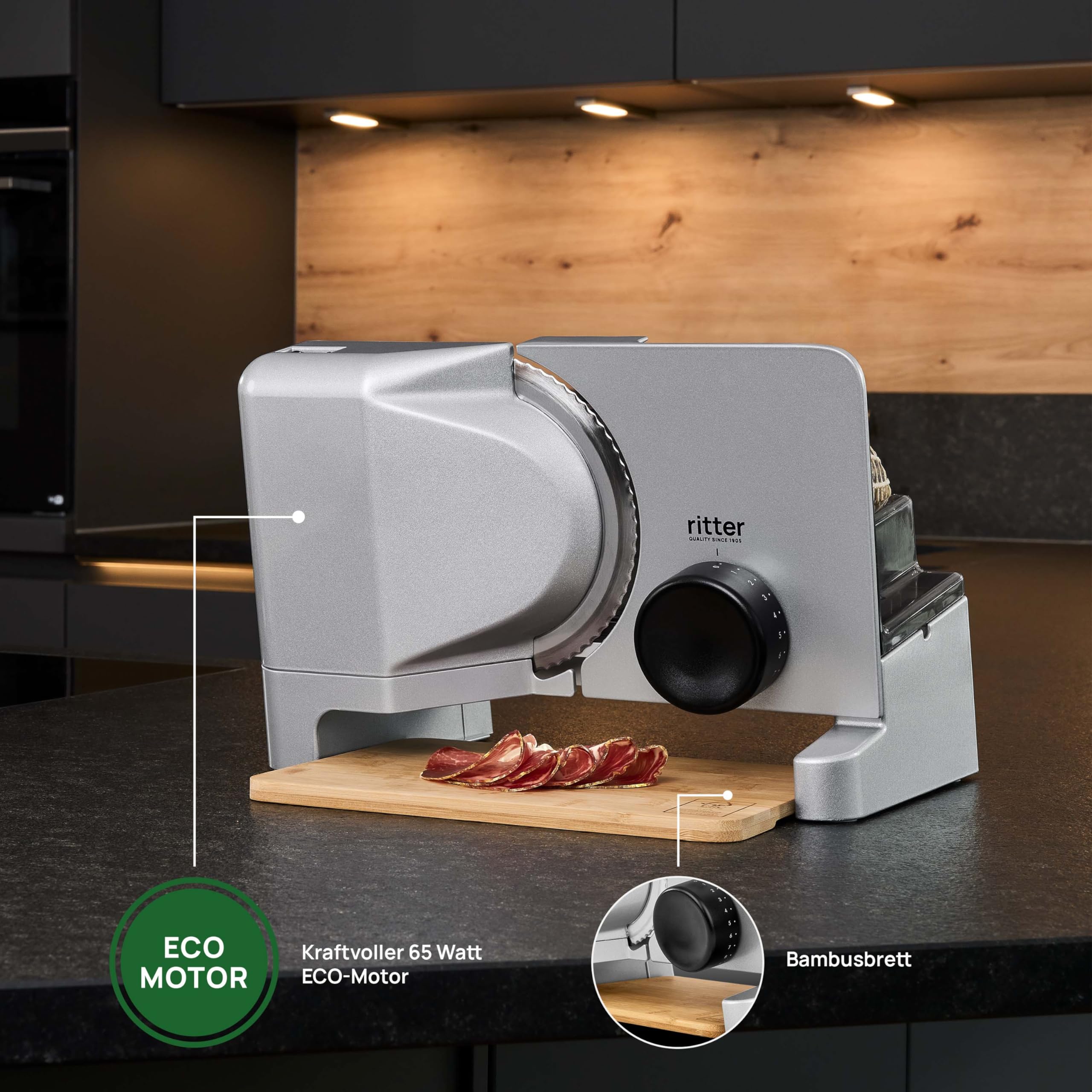 Ritter Varido 5 Elektrischer Allesschneider Brotschneidemaschine aus Metall mit ECO-Motor Made in Germany Silbermetallic
