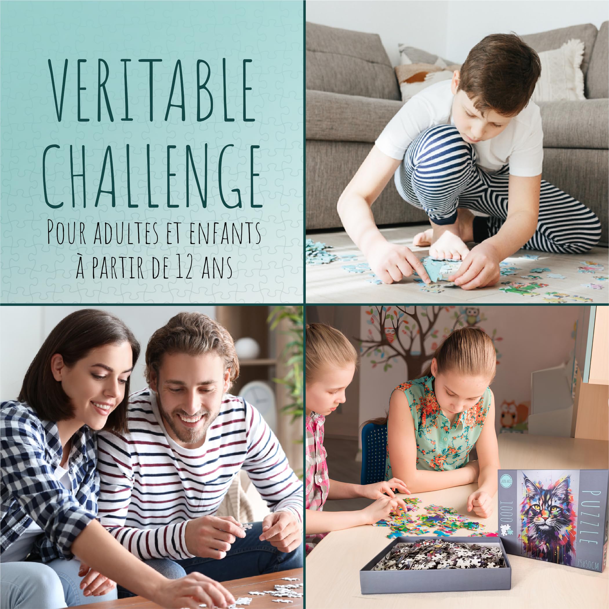 Lot de 2 Puzzles 1000 Pièces – Chat Maine Coon & Chien Bouledogue – Style Popart – Cadre 50×75 cm – GreenAnoo