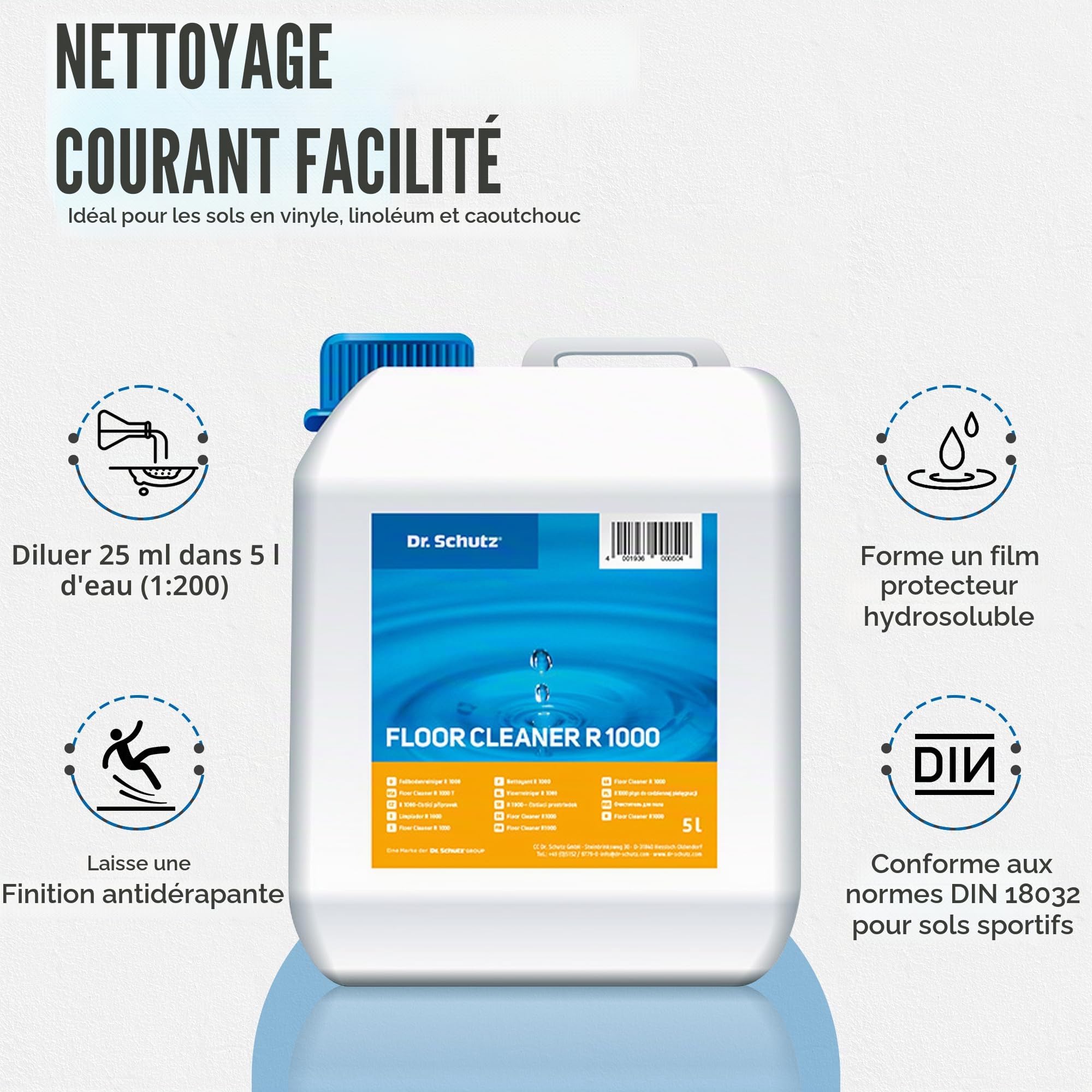 Dr. Schutz Nettoyant pour sols R 1000 5 l - Nettoyage sans traces pour PVC, CV, linoléum, caoutchouc, pierre, sol design et parquet - Nettoyant pour sols - Nettoyant pour sols - Nettoyant pour sols - Nettoyant pour sols en vinyle