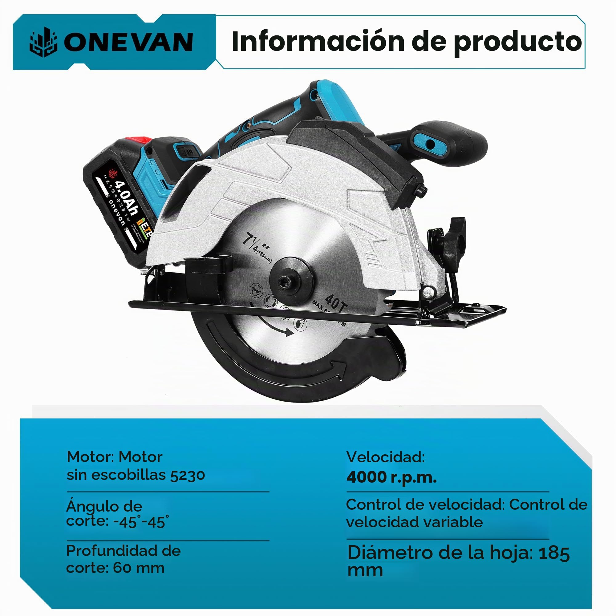 ONEVAN Sierra Circular a Batería con Láser 125mm Profundidad 60mm y 2x4.0Ah | Guía láser precisa, 1200W motor sin escobillas, 0-45° corte en bisel, 4000 RPM, Para madera, plástico & metales