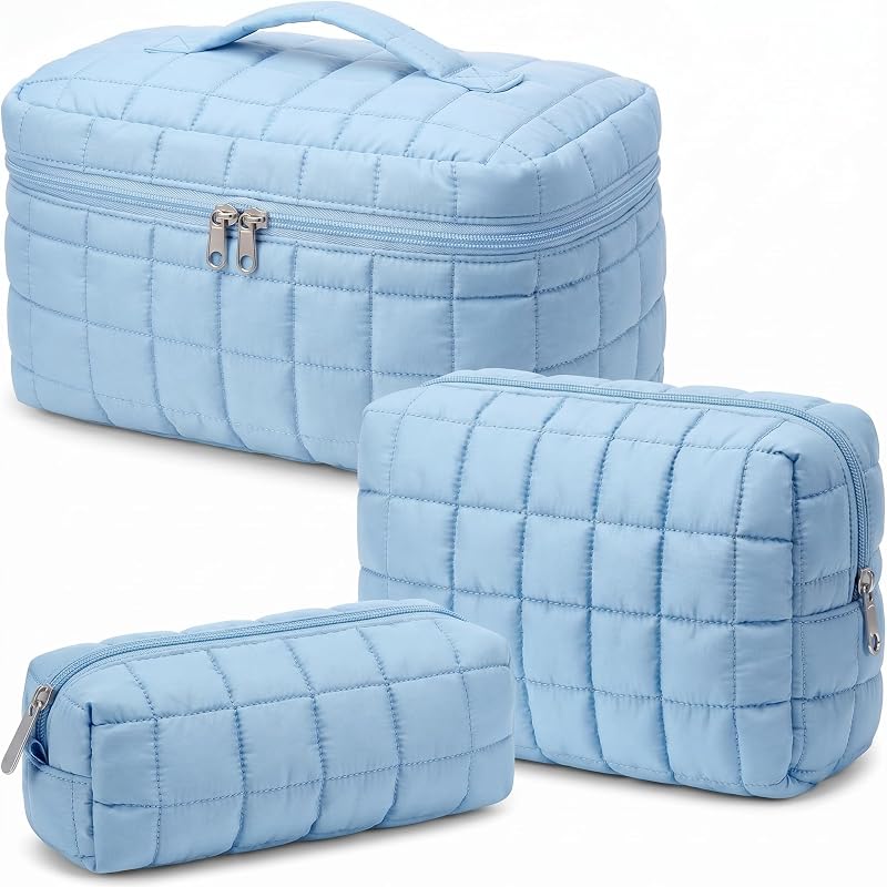 Huhumy Conjunto com 3 Necessaires de Maquiagem Acolchoadas, Algodão Xadrez, Azul