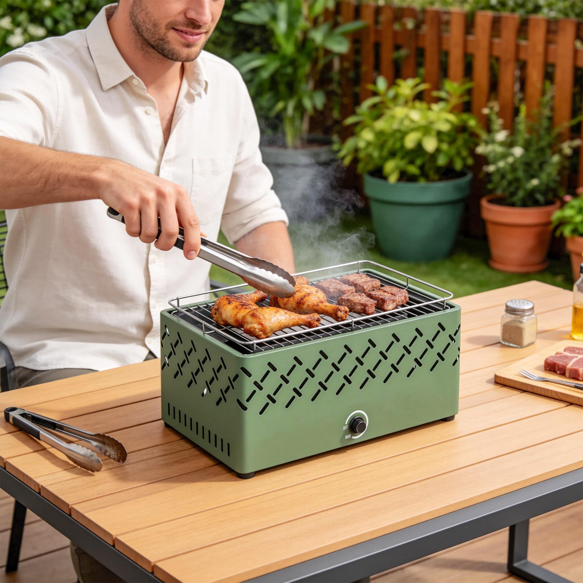 Outsunny Barbacoa de Carbón, Barbacoa Portátil, 45,5x29x21 cm, con Ventilador Integrado, Temperatura Ajustable y Bandeja de Carbón, para Camping, Picnic, Fiesta en Jardín, Verde Claro