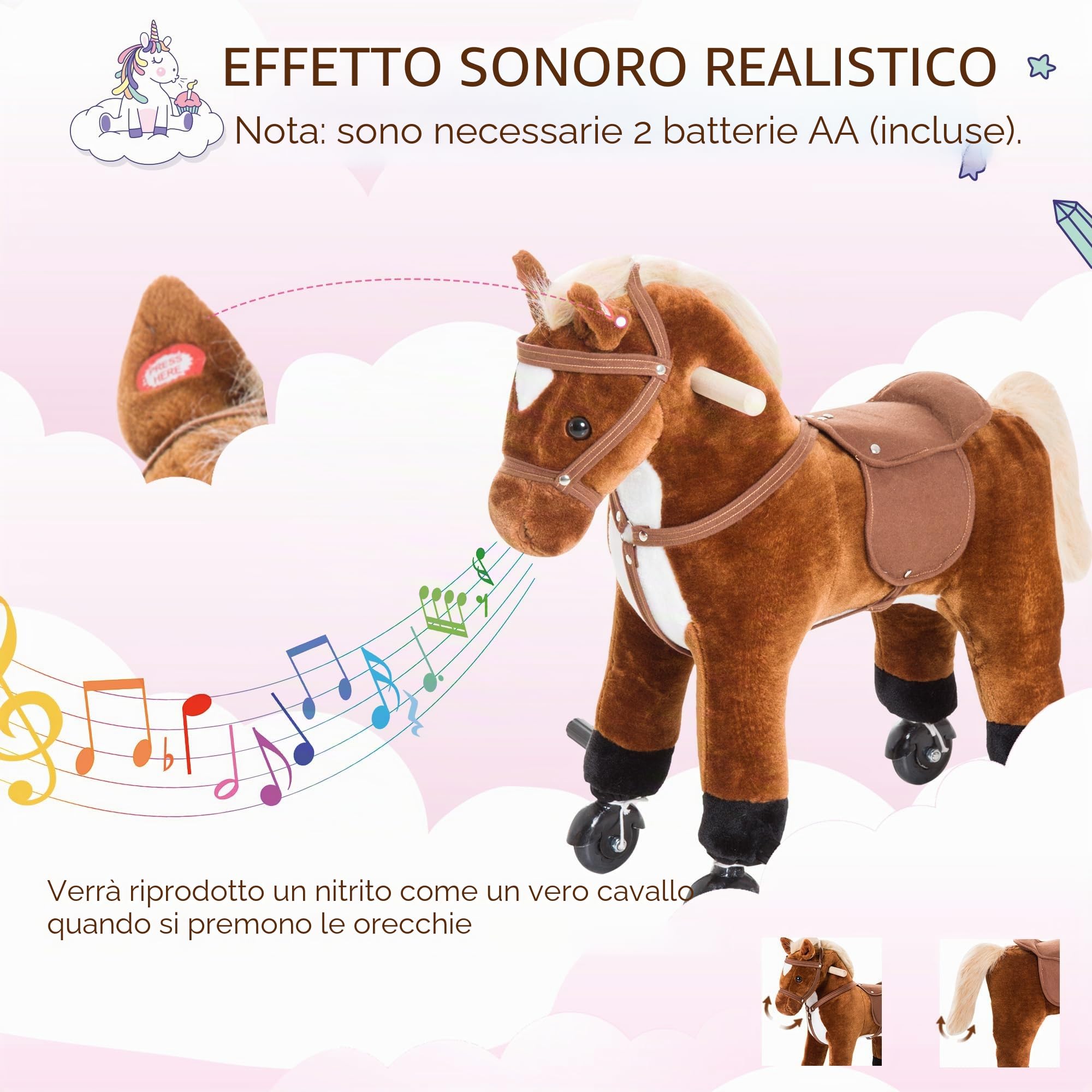 HOMCOM Cavallo per bambini +36 mesi cavallo di peluche con 4 ruote, effetto sonoro, poggiapiedi e manubrio, portata 60 kg 55x23x60 cm Marrone