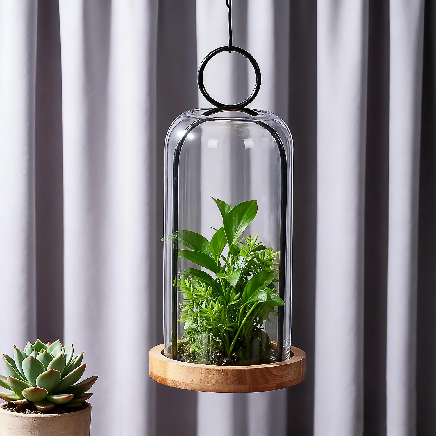 12" High Versatile Black Metal Candle Holder with Handmade Sturdy Glass Dome And Natural Wooden Base for Pillar Candle & Plants, Industrial, Farmhouse, Shabby Chic, Decorative Display Cloche Bell Jars
