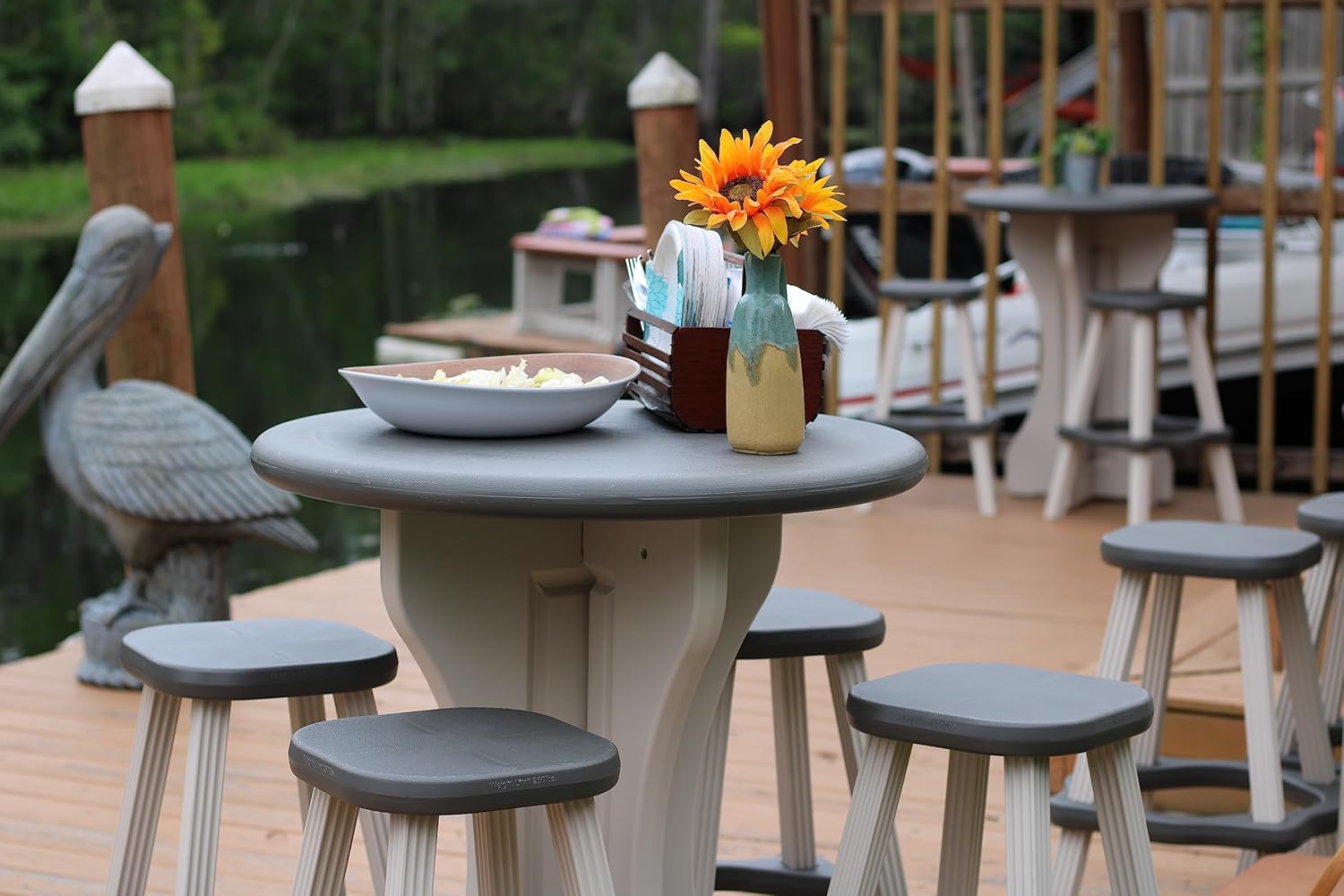 Patio Table Set with Four Barstools - Warm Grey Base with Deep Grey Accents - Perfect for Patio and Outdoor Spaces. Hardware Free Easy Assembly. Proudly Made in USA