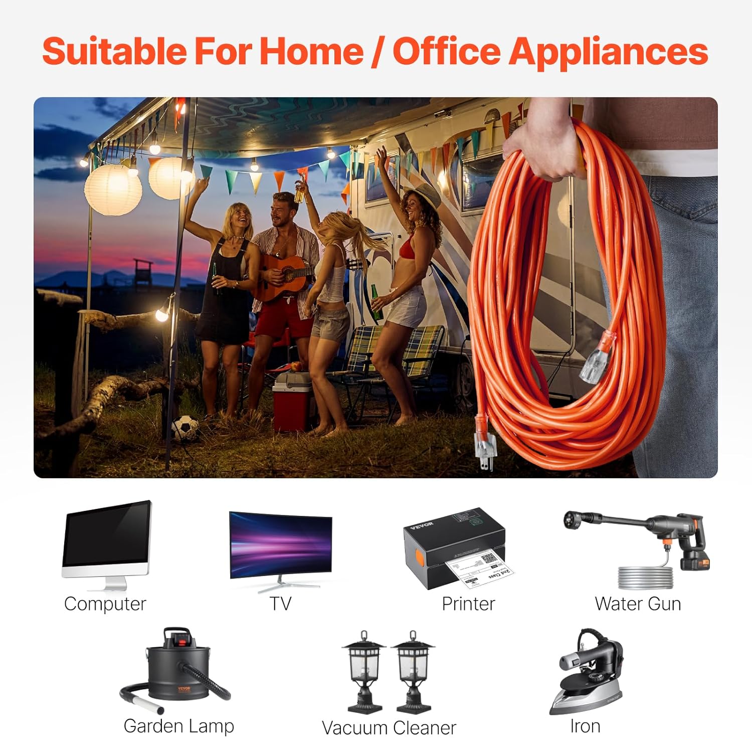 VEVOR 100FT Indoor Outdoor Extension Cord, 16AWG 10Amps 1250W, 3 Prongs Appliance Electric Cord with Lighted End, Flexible & -40°C Cold-Resistant for Office Home Use, ETL Listed