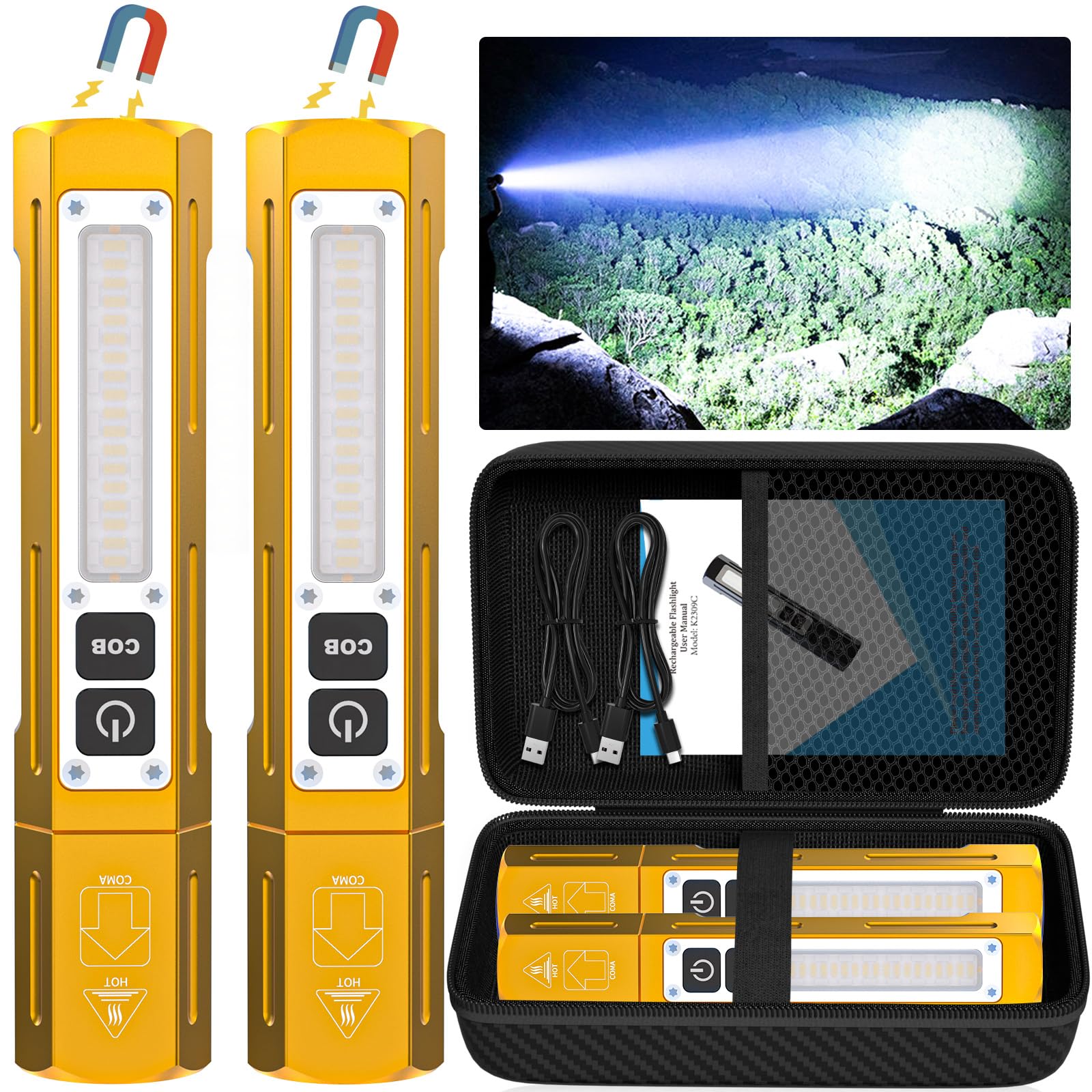 Rechargeable Flashlights High Lumens - 20,000LM Super Bright Small Pocket Magnetic Flashlight, 8 Modes LED Tactical Flash Light, Dual Button Powerful Flashlight for Camping (2, Yellow Gold)