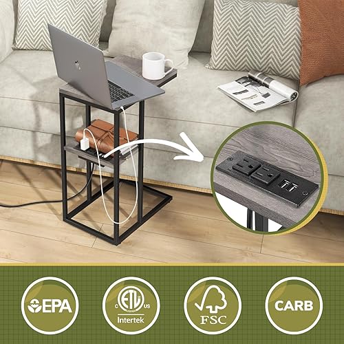 Miniatura 15 de Yoobure Mesa auxiliar en forma de C con estación de carga para sala de estar, dormitorio, mesa de sofá con puertos USB y salidas para espacios