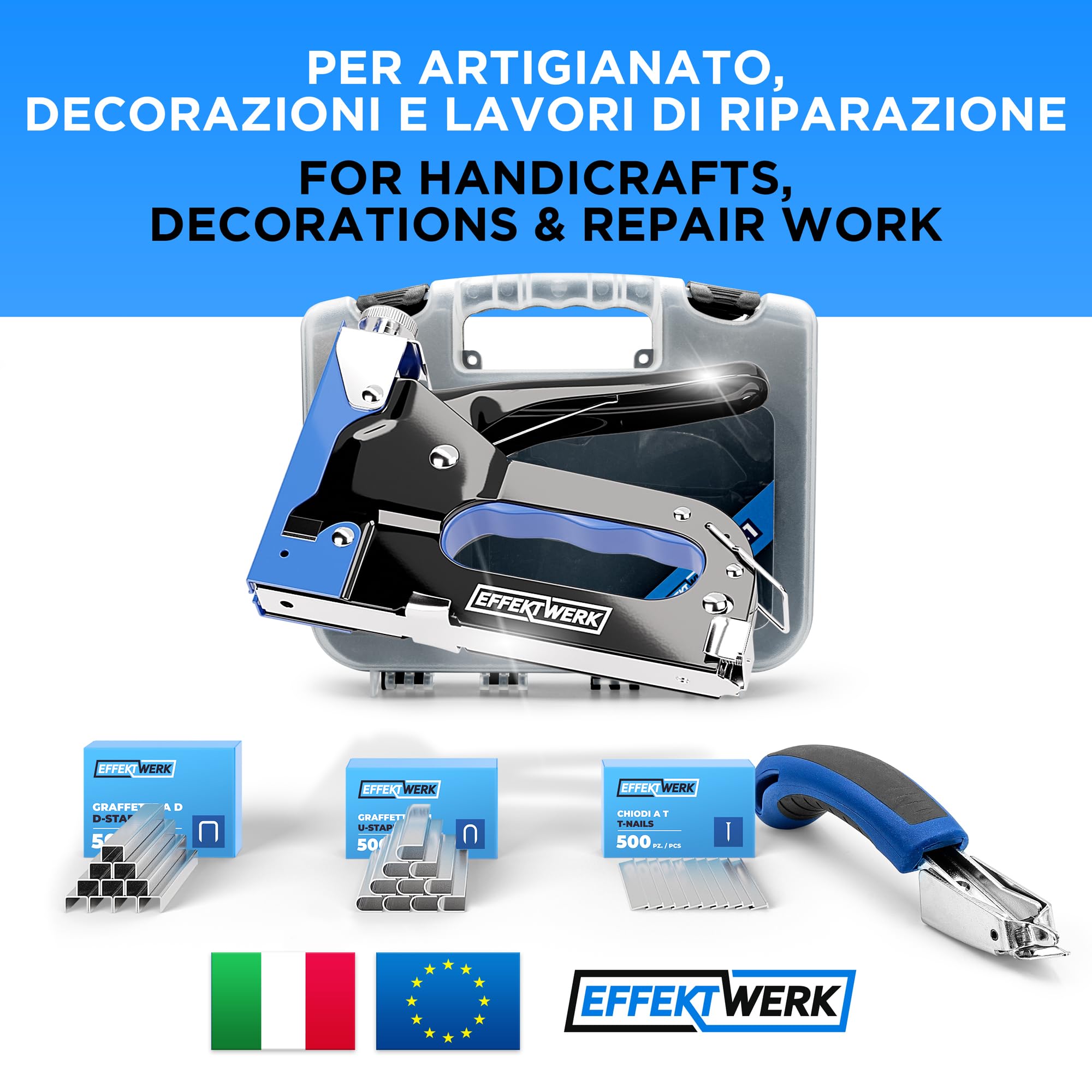 Set Graffatrice 5 in 1 - Graffatrice Pesante + 1500 Punti + Levapunti per Legno, Tessuto, Rete Metallica - Costruzioni, Artigianato, Tappezzeria