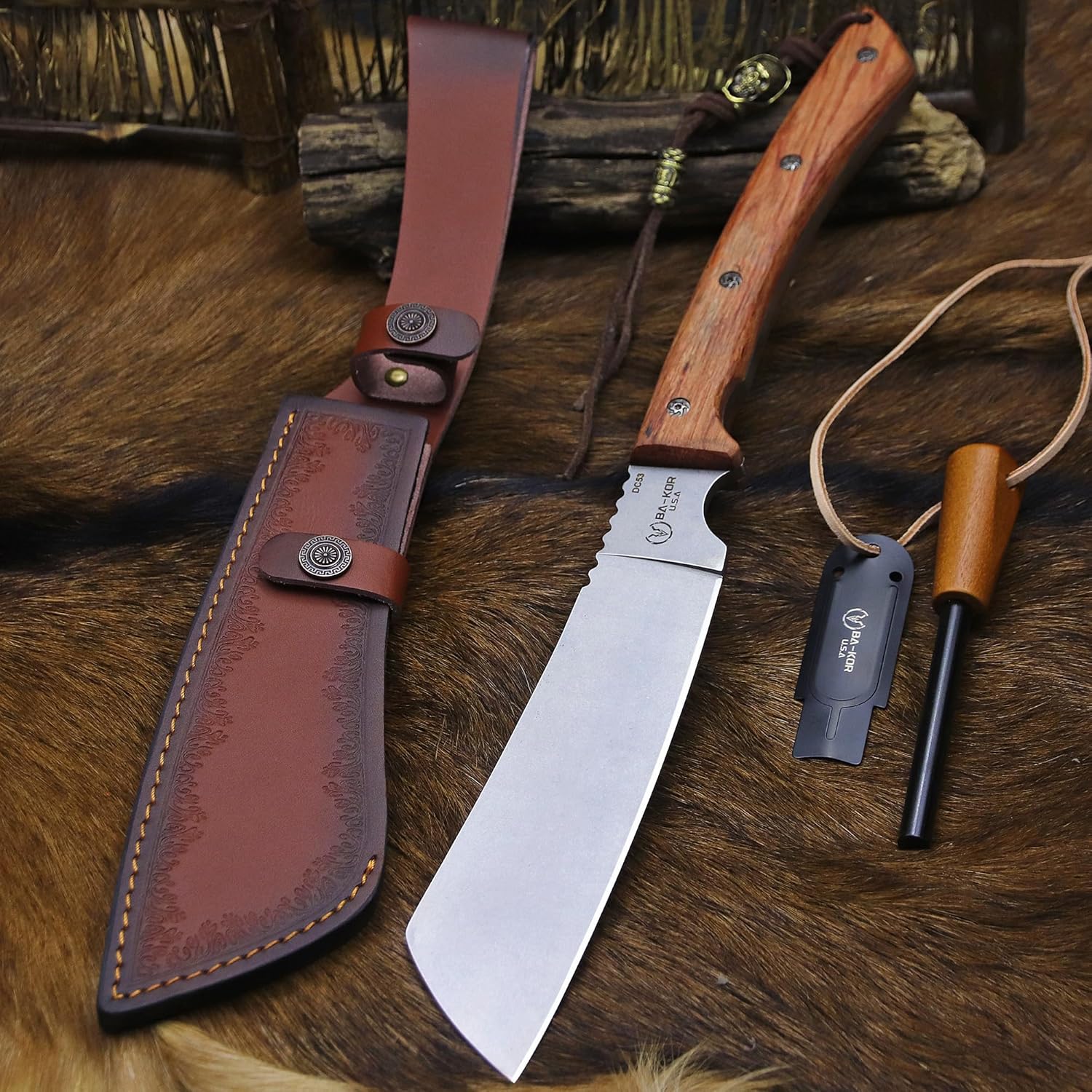 BA-KOR USA 6mmDC53 steel 43CM (17.2 ") full Tang fixed knife with leather sheath and (5.9 ") ceria ignition head, suitable for outdoor hunting, camping, clearing, adventure, fishing, EDC, BBQ