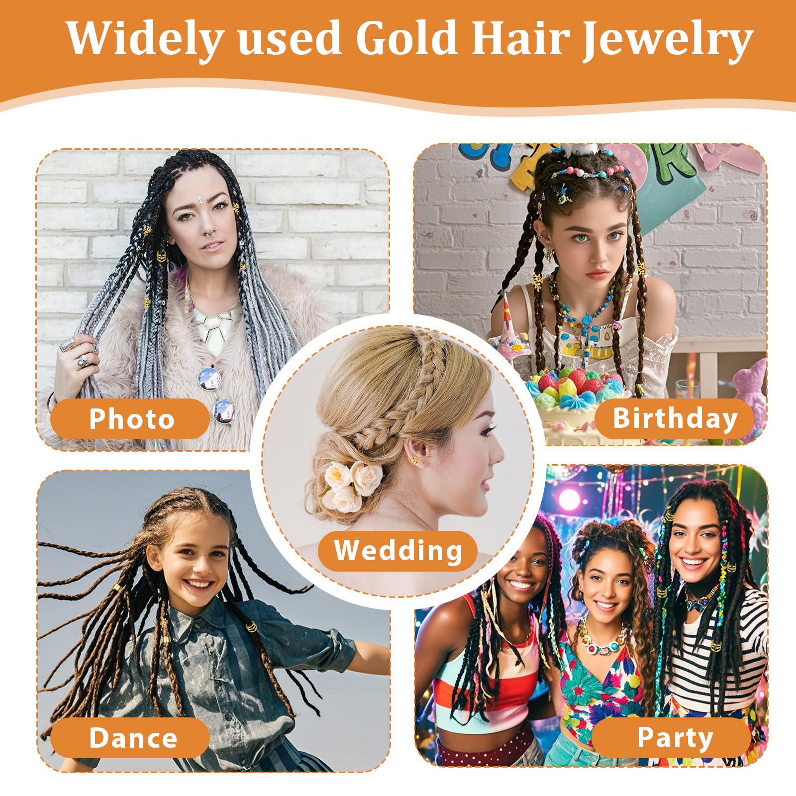 50 piezas de joyas doradas para trenzas, rastas, anillos ajustables, puños, abalorios, cuentas, decoraciones para hombres y mujeres