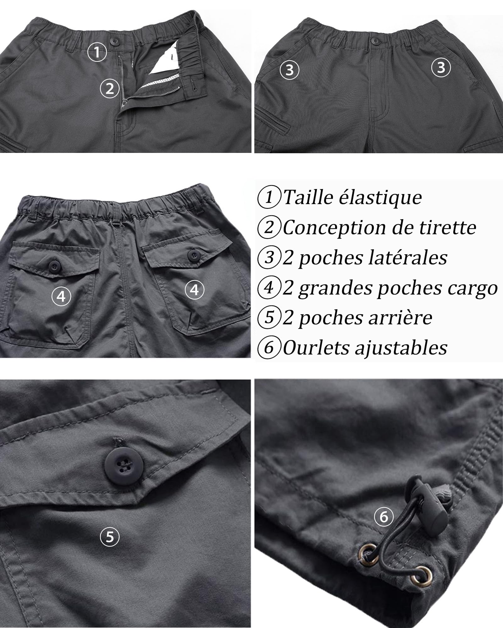 Shorts Cargo Homme Été 3/4 Pantalon Hommes en Coton Léger Court avec Multi-Poches Taille Elastique(Pas De Ceinture)