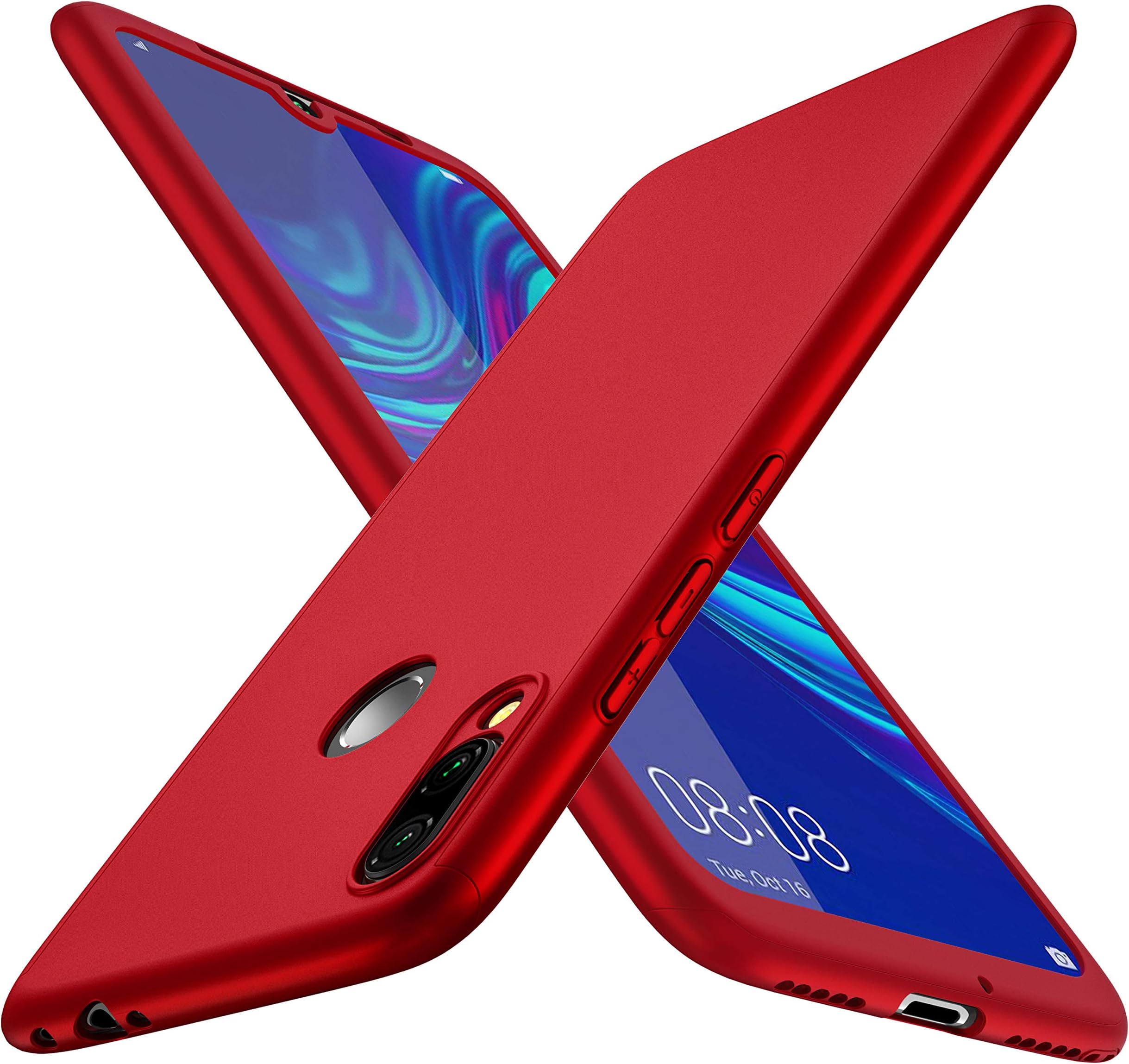 ORETECH for Huawei P Smart 2019 Case, with [2 x Tempered Glass Screen Protector] 360 Full Body Ultra-Thin,Anti-Scratch Hard PC Phone Case Cover for Huawei P Smart 2019 Case - Red