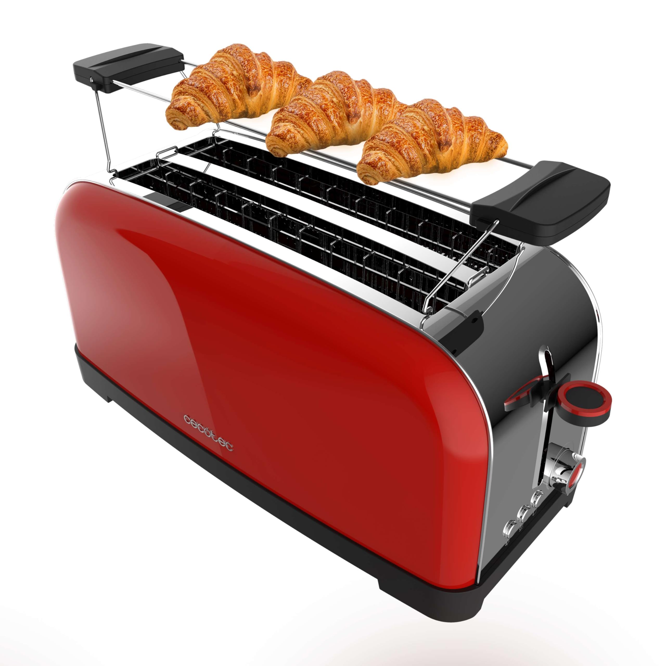 Cecotec Grille-pain Vertical 2 Fentes Longues Toastin' Time 1500 Rouge. 1500 W, 4 Tranches de Pain, Fente Large de 3,8 cm, Support pour Petits Pains et Bac à Miettes, Acier Inoxydable et Rouge