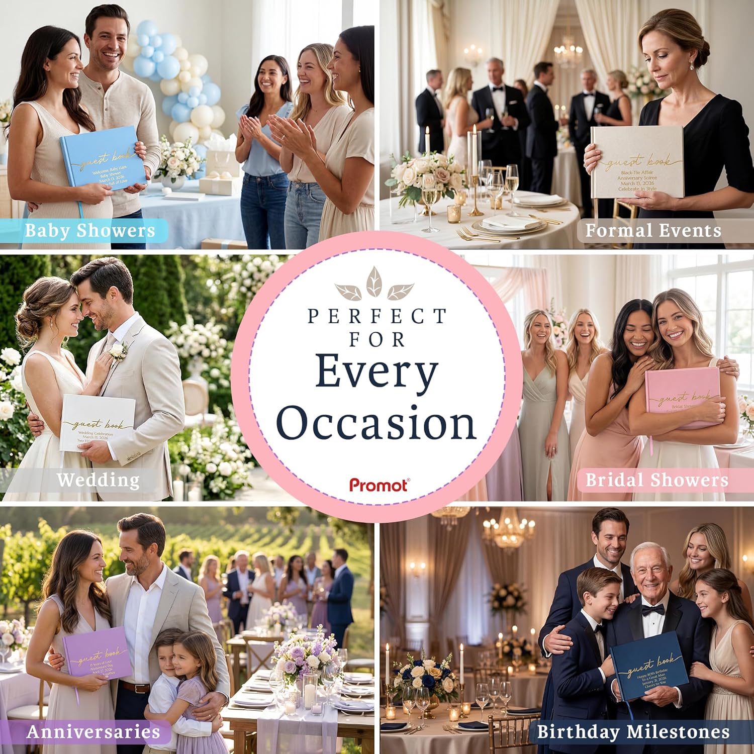 Promot Personalized Guestbook for Party (Sapphire Blue) - 110 Lined Pages in Wood-Free Vegan Leather Hard Cover - Wedding Guest Book Sign in and Photos, Baby Shower, Birthday or Graduation