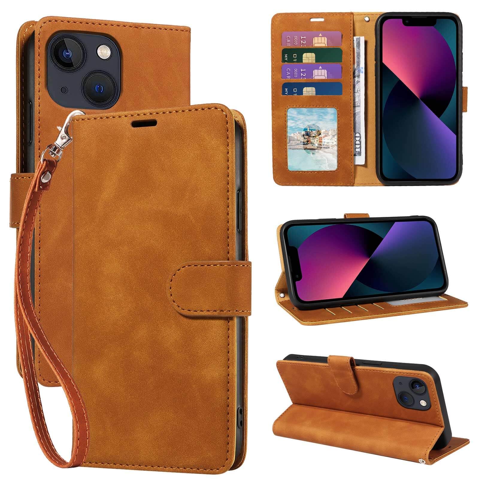 GOTOURED for iPhone 13 Mini Phone Case Wallet, RFID Blocking 3 Card Slots, Wrist Strap, Kickstand, Magnetic Closure