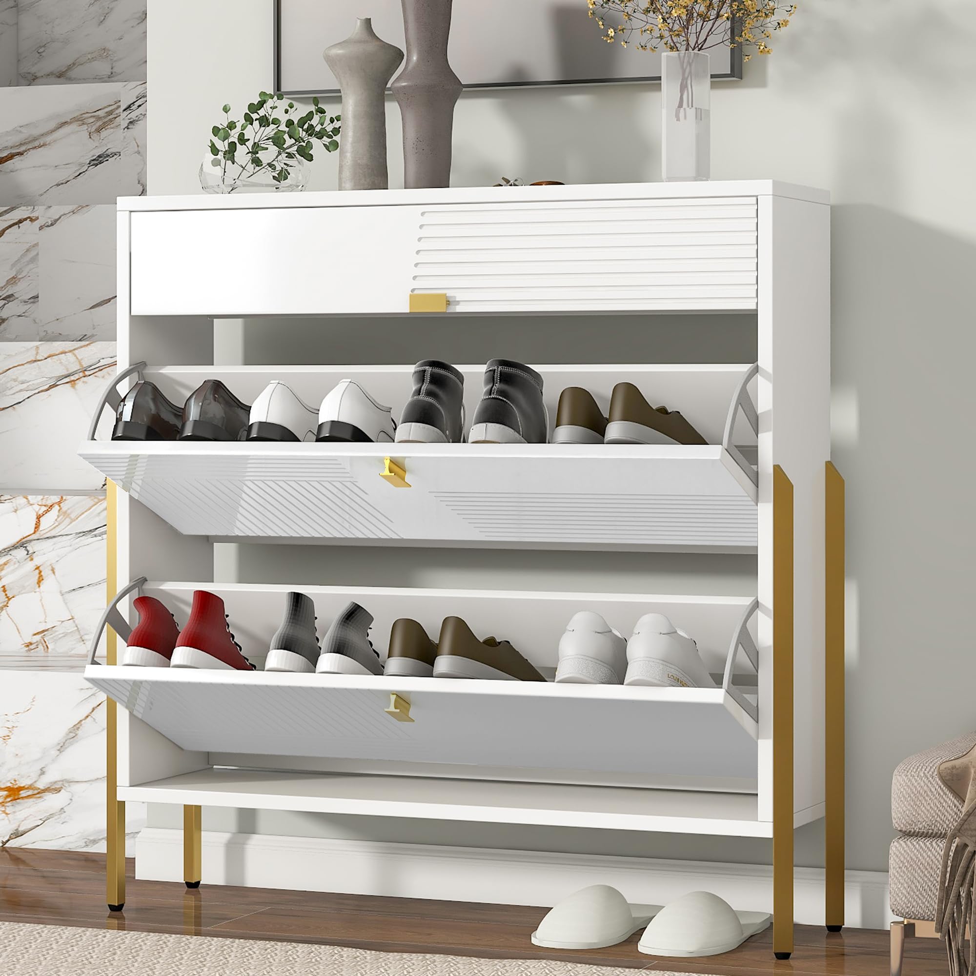 AmposeiEntryway Shoe Cabinet with 2 Flip Drawers, 39.4-Inch Modern Slim Shoe Rack Organizer Free-Standing Storage Cabinet for Entrance Hallway Bedroom (White)
