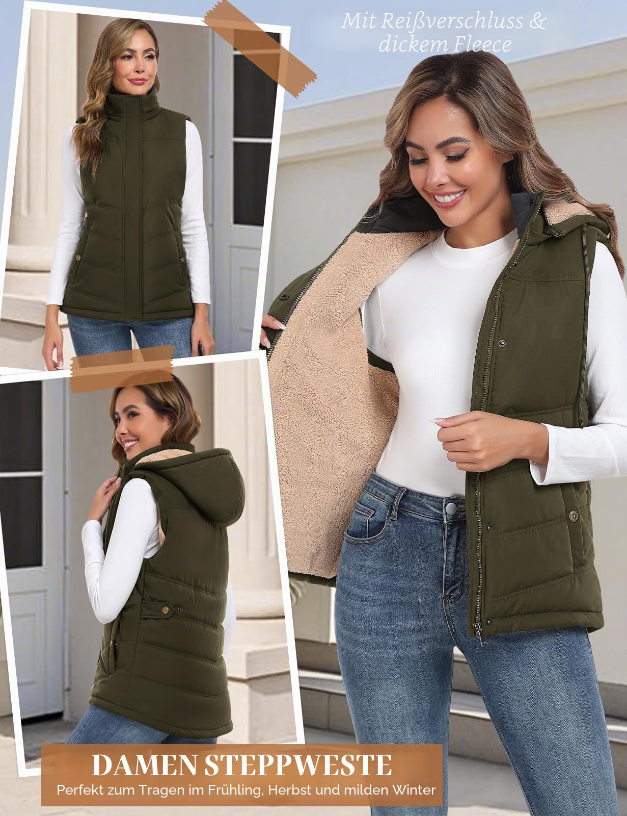 heekpek Damen Weste mit Kapuze Winterweste Ärmellose Fleeceweste Steppweste Kurz Reißverschlüsse Outdoor Warme Damenwesten Ärmellose Jacke Herbst Thermoweste