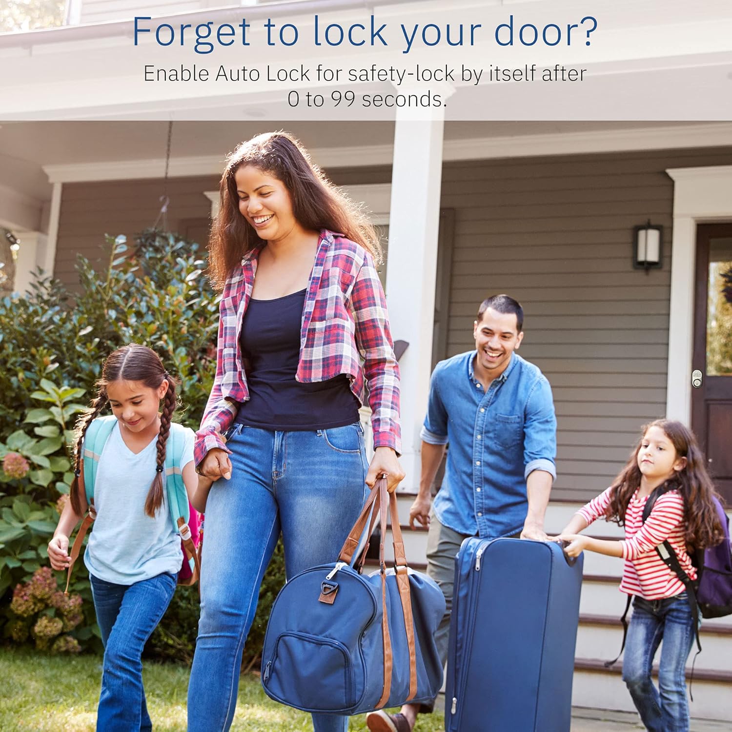 Family entering home, highlighting auto-lock feature