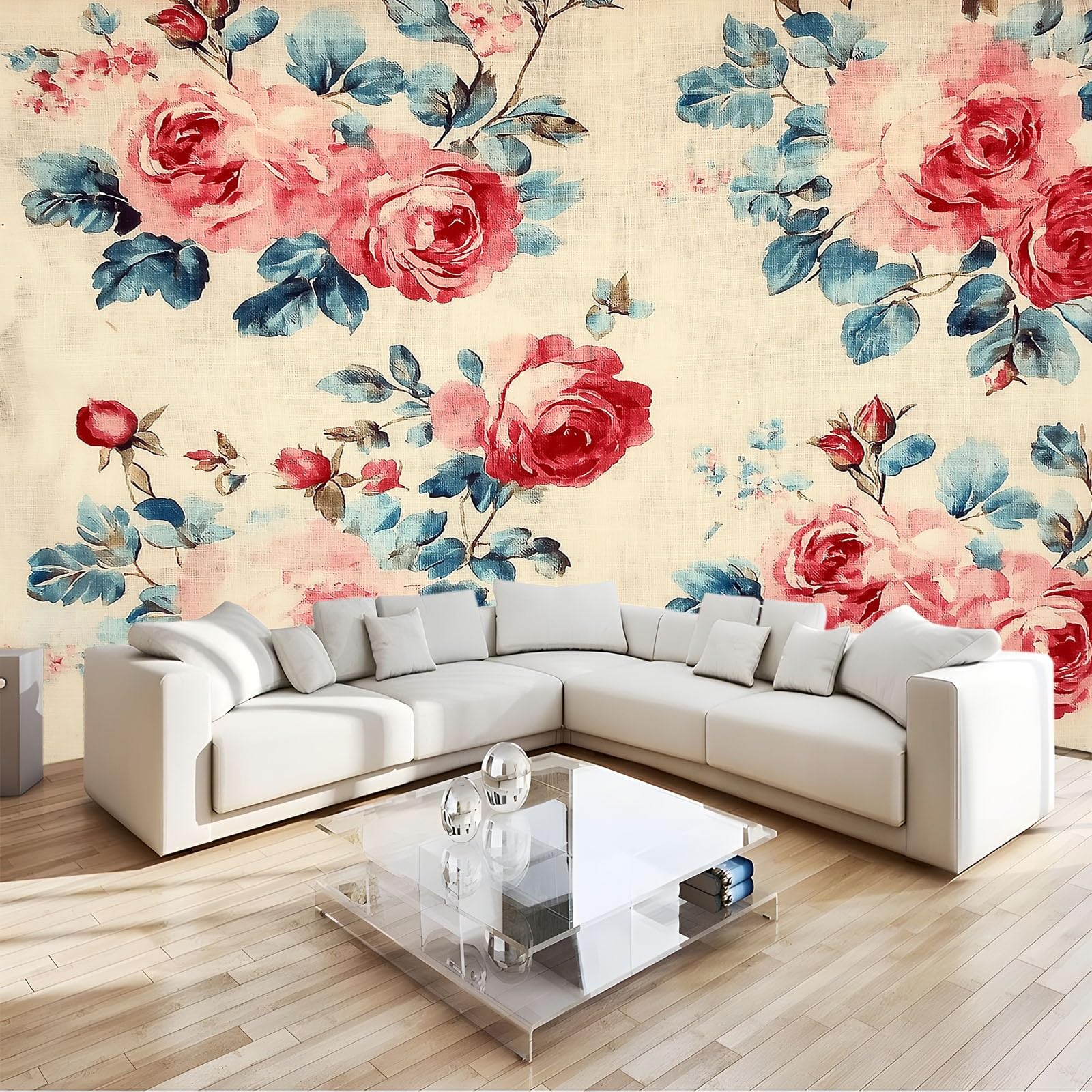 Générique Panoramiczna tapeta 500 x 280 cm kwiatowe róże vintage włóknina XXL fototapeta gobelin ścienny salon sypialnia - tapeta Trompe l'eil efekt 3D, beżowa