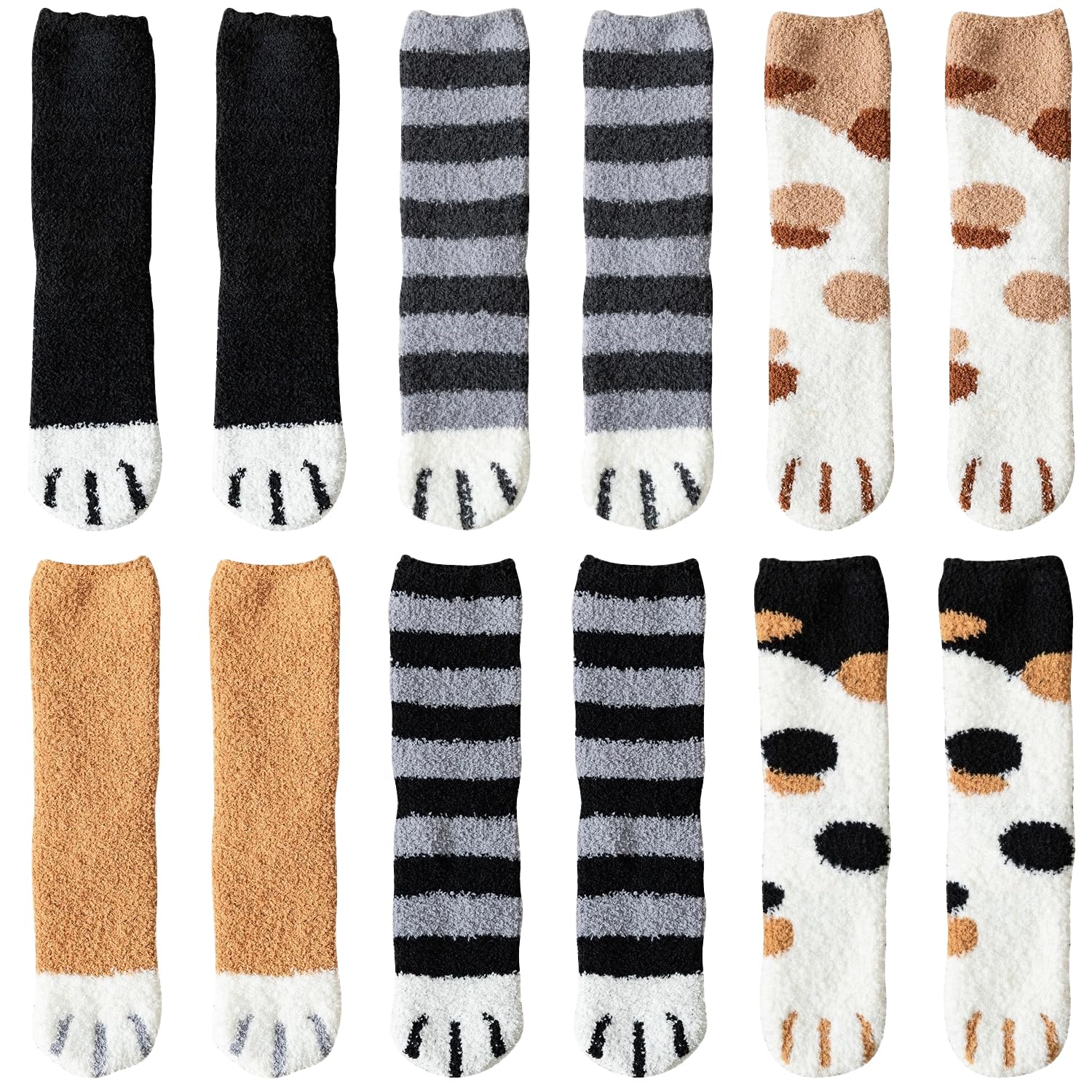 Fizzix6 Pairs Cat Paw Fluffy Socks for Women, Cozy Fuzzy Animal Socks, Cute and Soft Winter Socks, Warm Non-Slip Slipper Socks for Indoor Use, for Cat Lovers