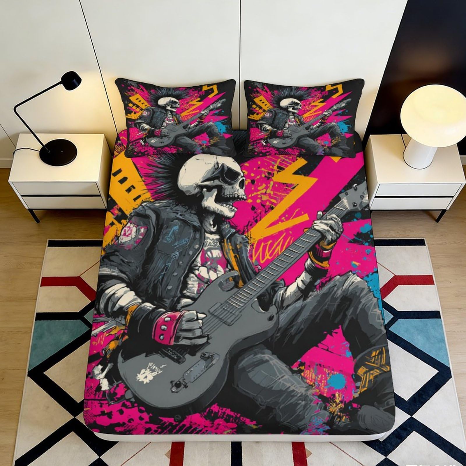 3D Printed Punk Skull Rocker Fitted Sheet Microfiber Durable Vibrant 3D Printed Electric Guitar Bed Cover for Bedroom Dormitory Guest Room Mattress Protection 120x200x25cm