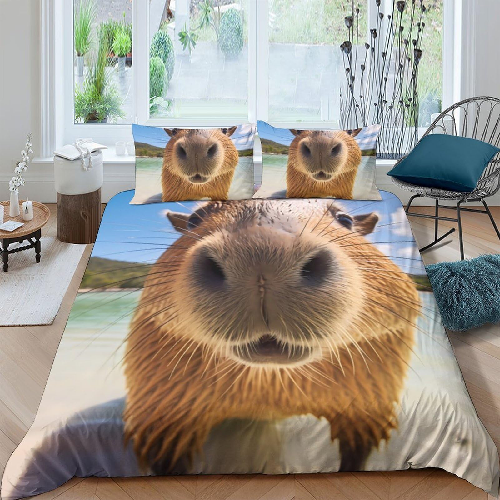 GPLZQXKJNH 3D Printed Capybara Animal Duvet Cover Microfiber Soft Breathable Nature Bedding Set with 2 Pillowcases for Bedroom Decor Single（135x200cm）