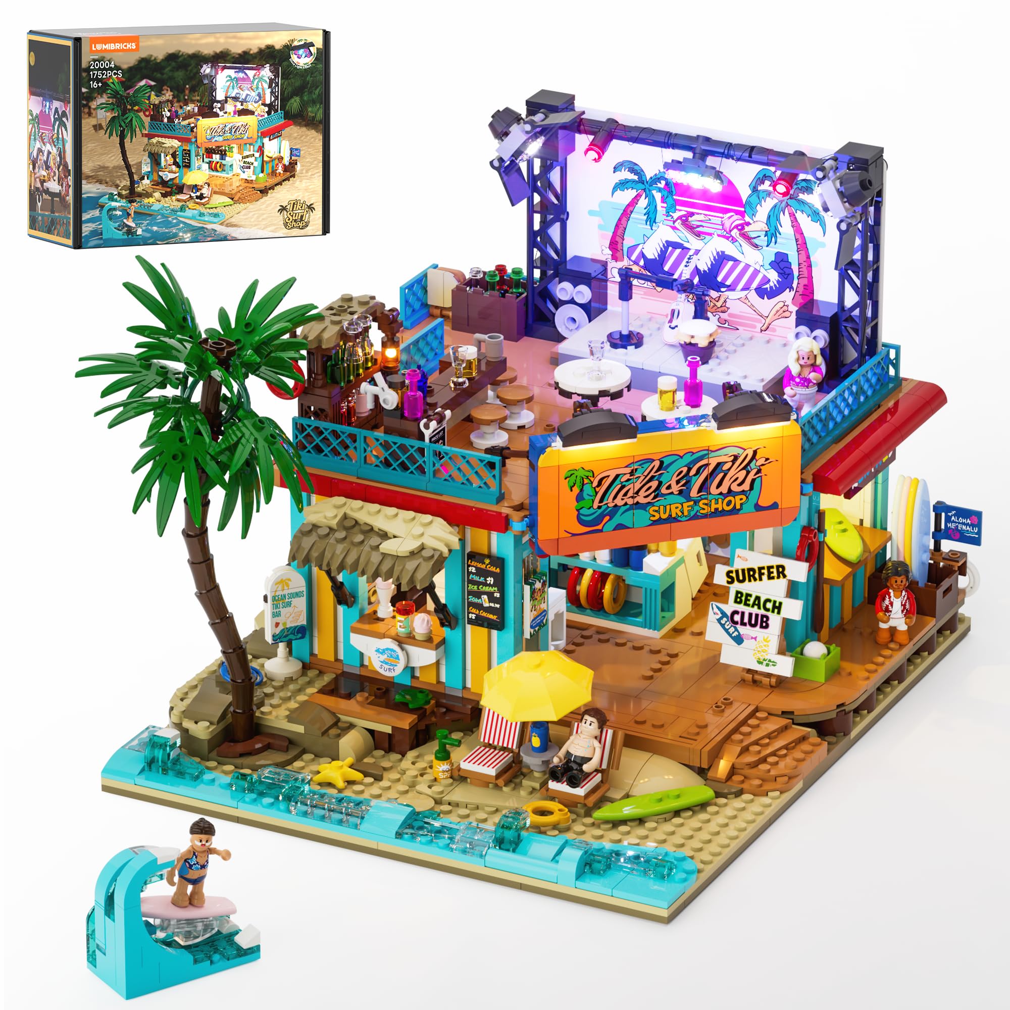 Lumibricks Surf Shop Lighting Building Bricks Set - Coast Club Modular Collection Display Kit with LED and Minifigures 1752 Pcs for Adults & Teens & Marine Enthusiasts