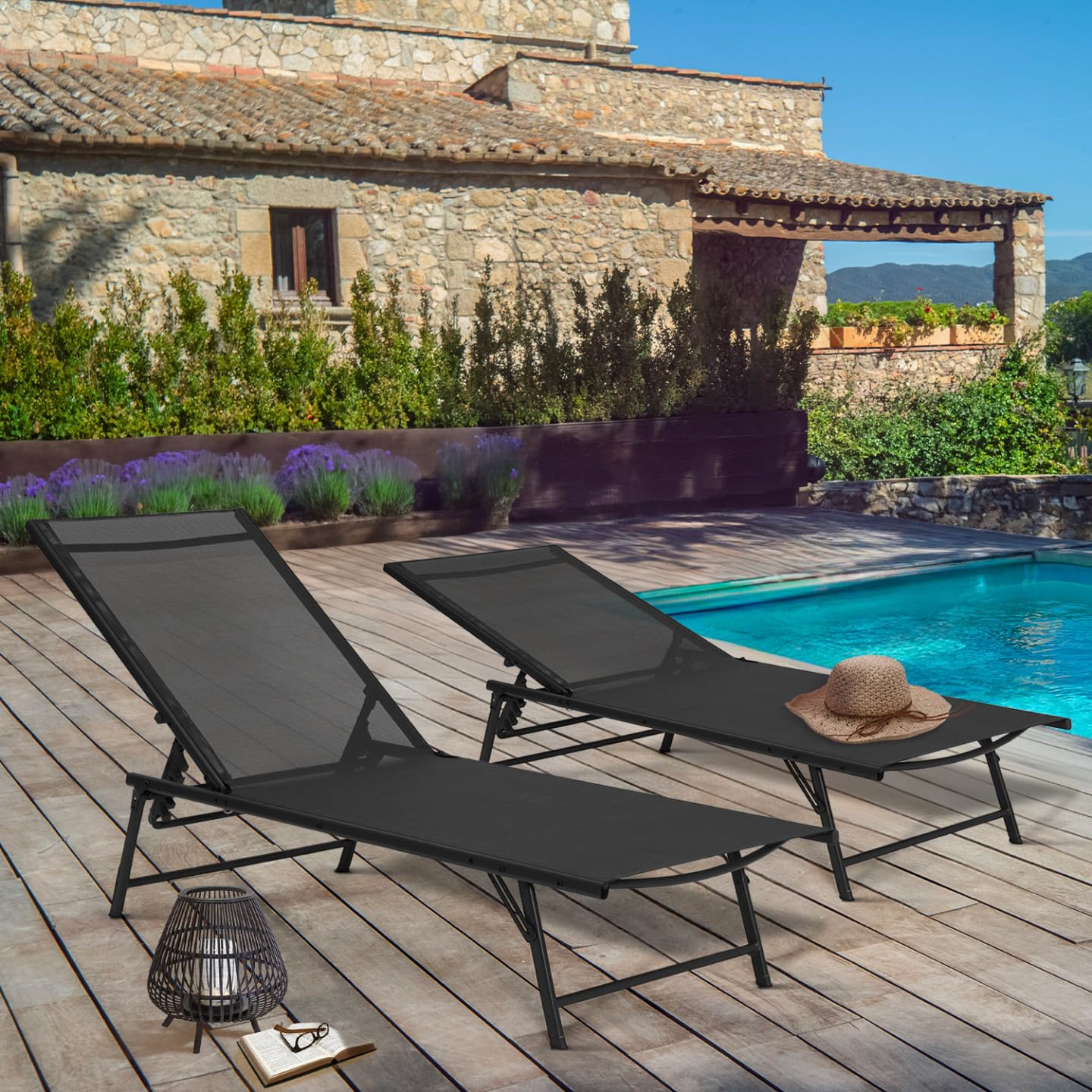 IDMarket - Lot de 2 transats de Jardin inclinables Kailua en Acier Noir et Toile Noire