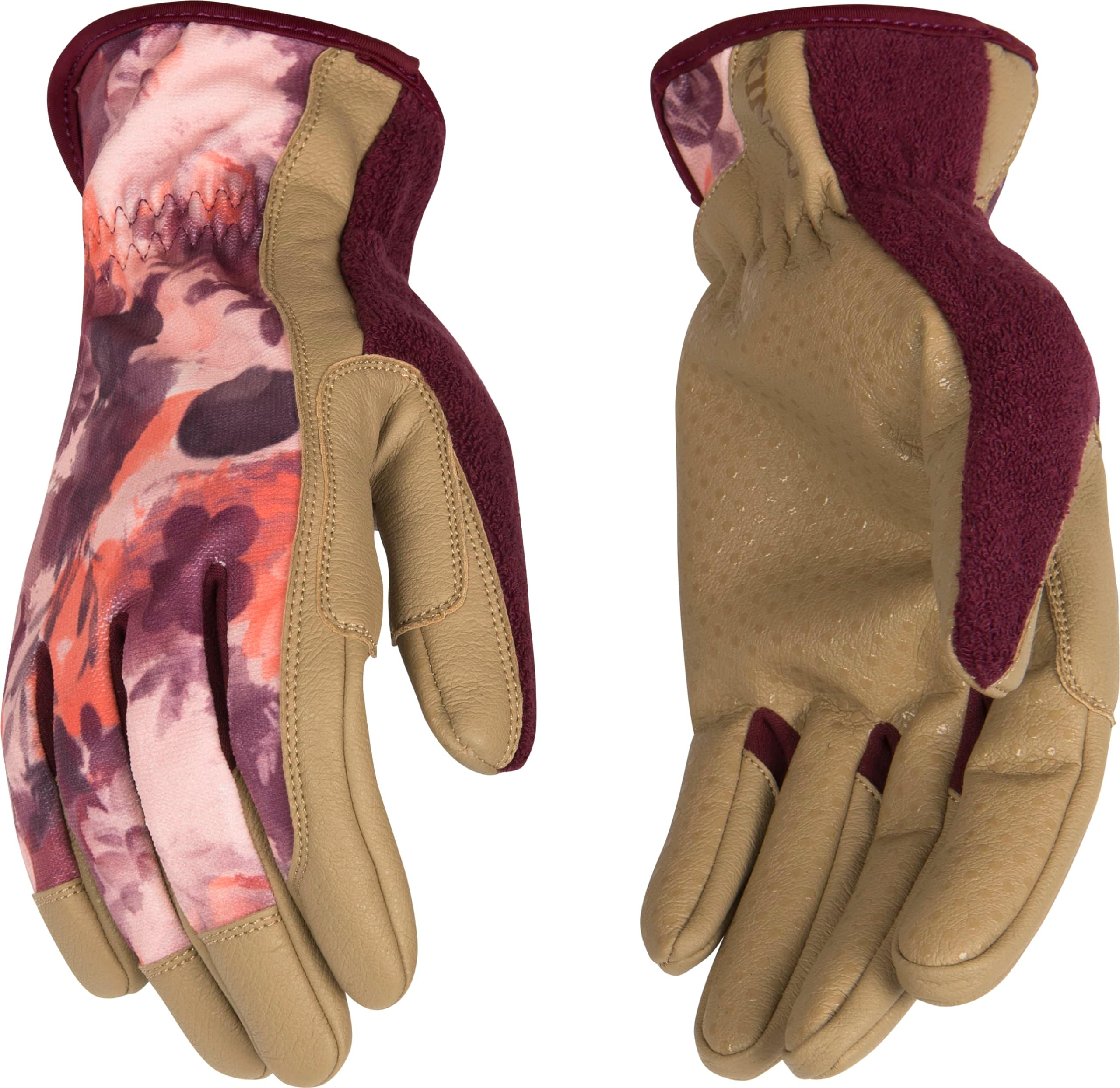 Garden Glove, 2004W-M, Women’s KincoPro™ Pink Polyester-Spandex Fabric Back, Tan MiraG2™ Grain Synthetic Leather Palm (Medium)