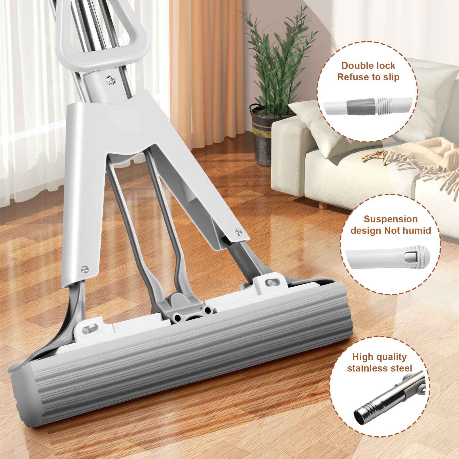 Wusudur Sponge Mop for Kitchen Bathroom Garage Floor Cleaning Telescope Handle Automatic Wringing Suitable for Tile Marble Wood Floors with 1 Extra Sponge Head