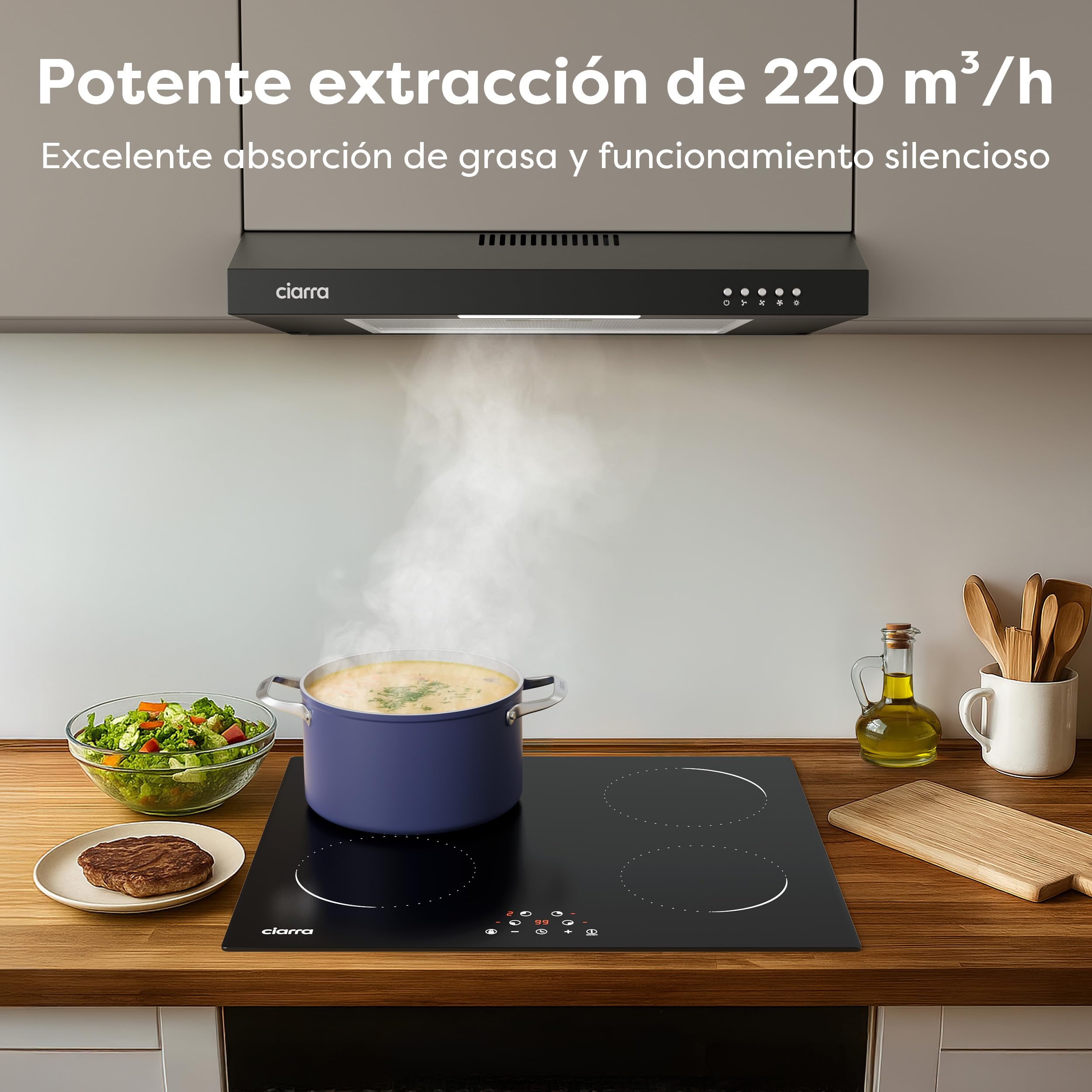 CIARRA CAB6903B Campana Extractora 60 cm Extractor Cocina 220m³/h 75W 3 Velocidades Cocina extractora integrada with Filtros de Aluminio