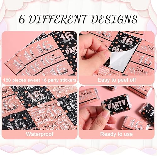 Miniatura 3 de Zonon 90 unidades de dulces 16 mini envoltorios de barra de caramelo, miniaturas de cumpleaños, calcomanías de caramelo para regalo de dieciséis