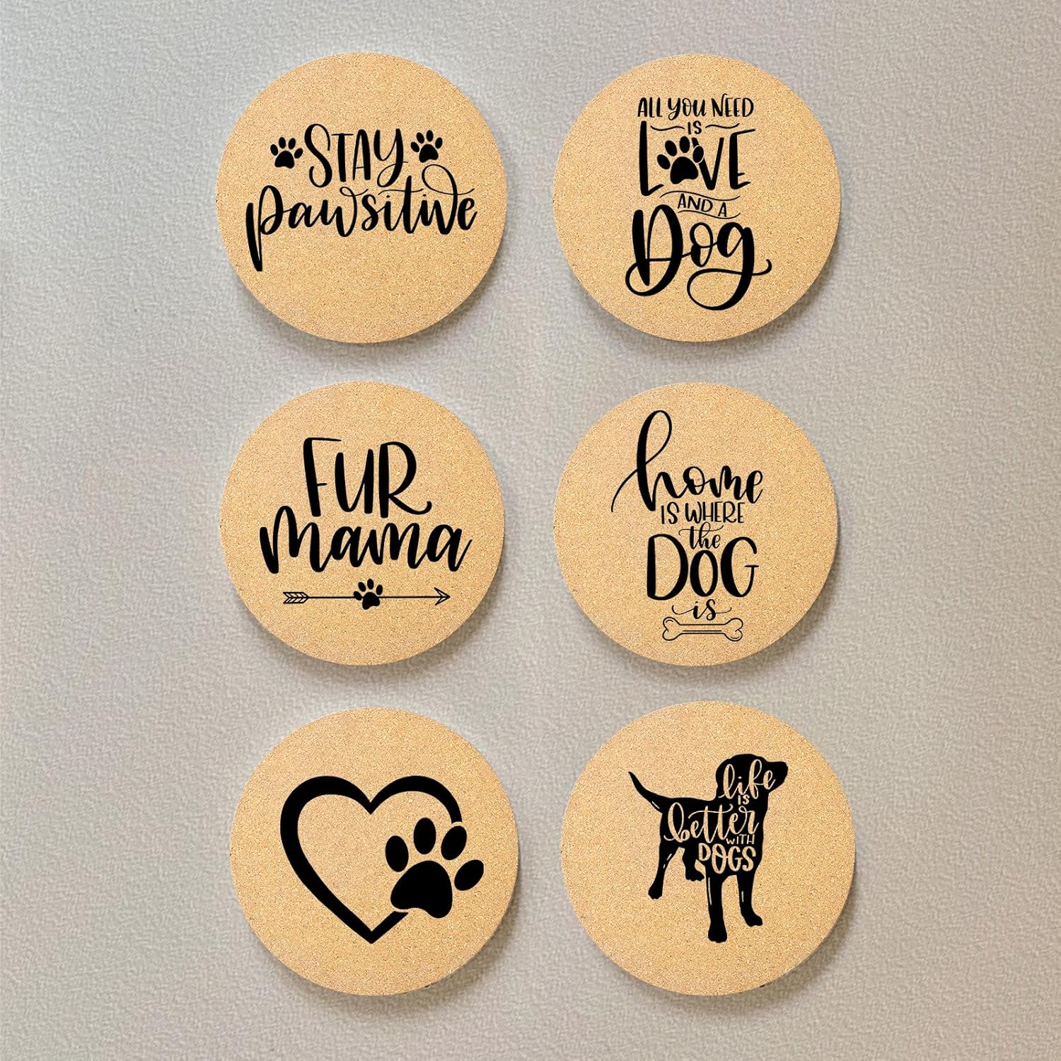 Coasters for Drinks with Set of 6, Cute Dog Coaster for New Home Couples House Warming Gifts Absorbent Paw Cork Wood Bulk for Cup Desk Coffee Table Office Kitchen Decor, Round 4" - Image 3