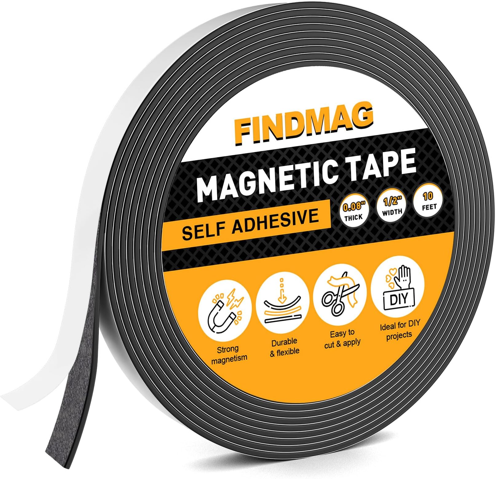 FINDMAG Magnetic Tape 10 Feet Flexible Magnetic Strip with 3M Self Adhesive Magnet Tape Roll Perfect for Craft and DIY Projects, whiteboards & Fridge - 0.08" Thick x 1/2" Wide, 1 Roll