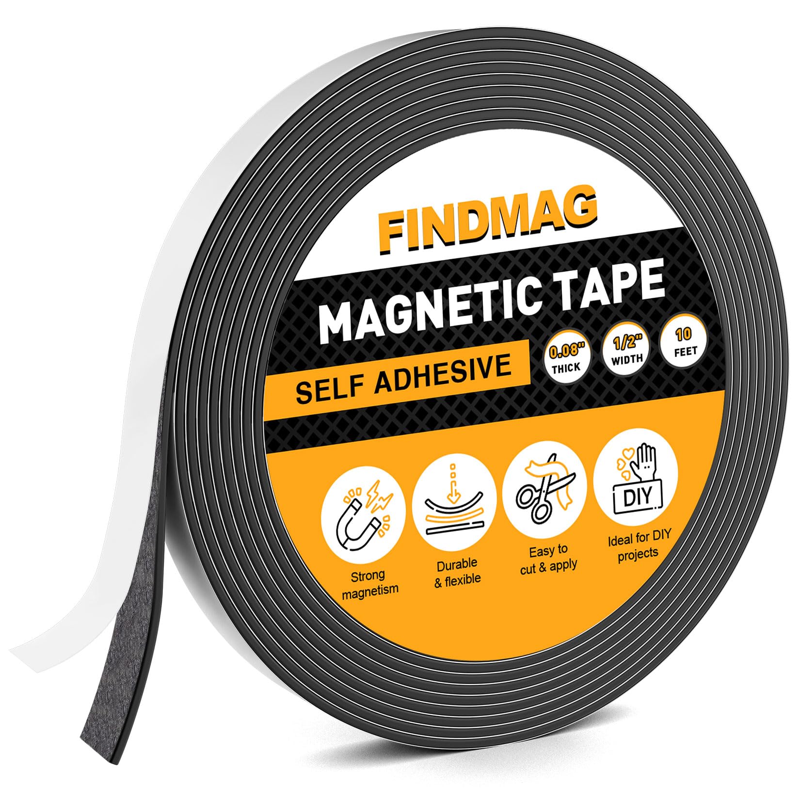 FINDMAG Magnetic Tape 10 Feet Flexible Magnetic Strip with 3M Self Adhesive Magnet Tape Roll Perfect for Craft and DIY Projects, whiteboards & Fridge - 0.08" Thick x 1/2" Wide, 1 Roll
