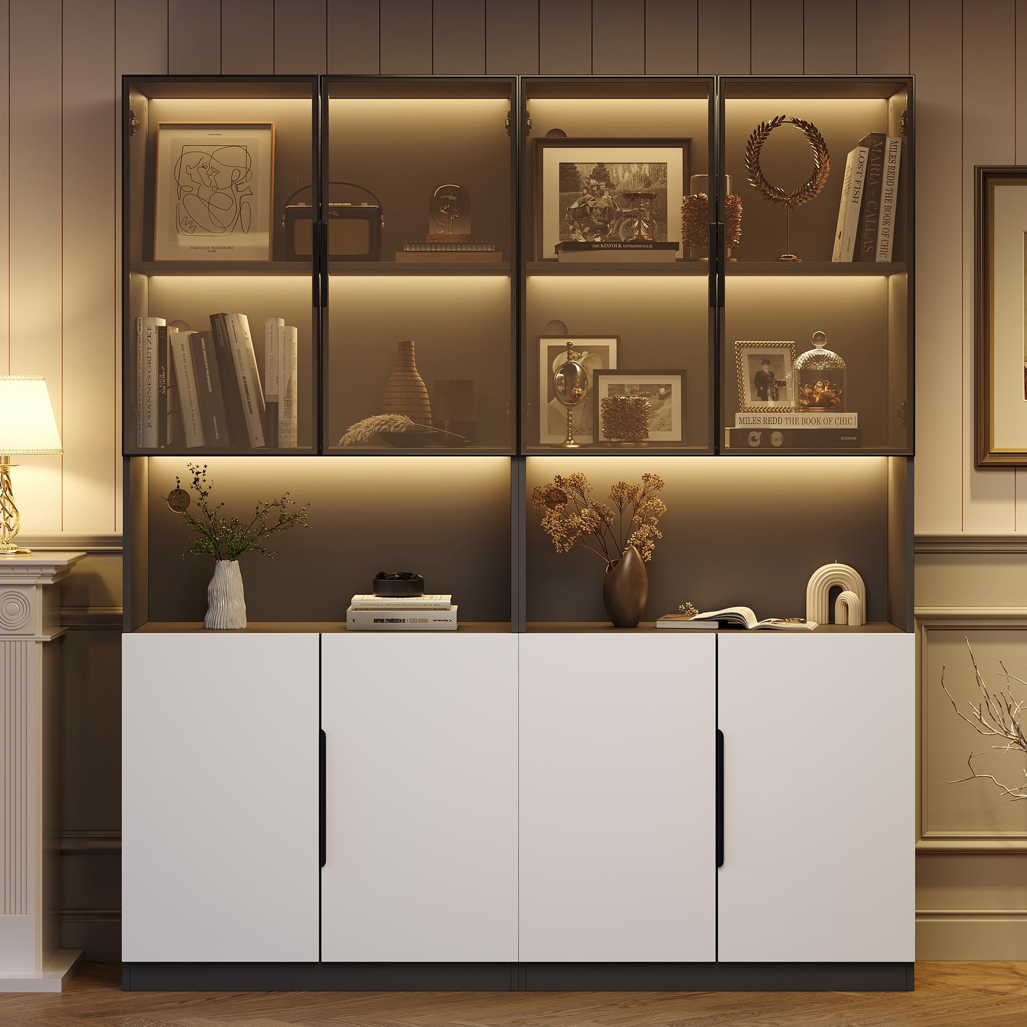 Vitrine moderna minimalista con puertas de vidrio, expositor con luces LED, estantería para artículos de colección, temperatura de color y brillo ajustables, puertas blancas con decoración negra