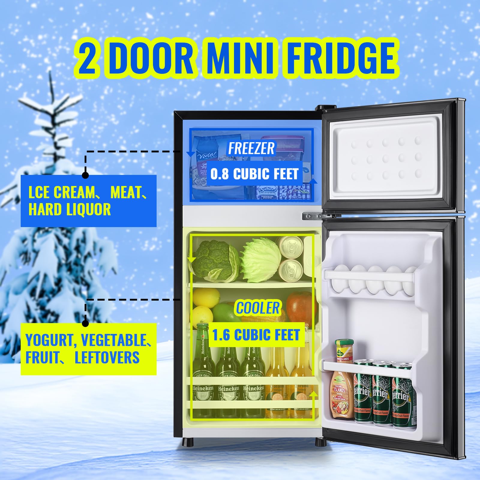Tacool 2.4 Cu.Ft Mini Fridge Dual Door Small Refrigerator With Freezer Apartment Size Fridge For Personal Senven Temp Gear Black on Fridge.com - View 3