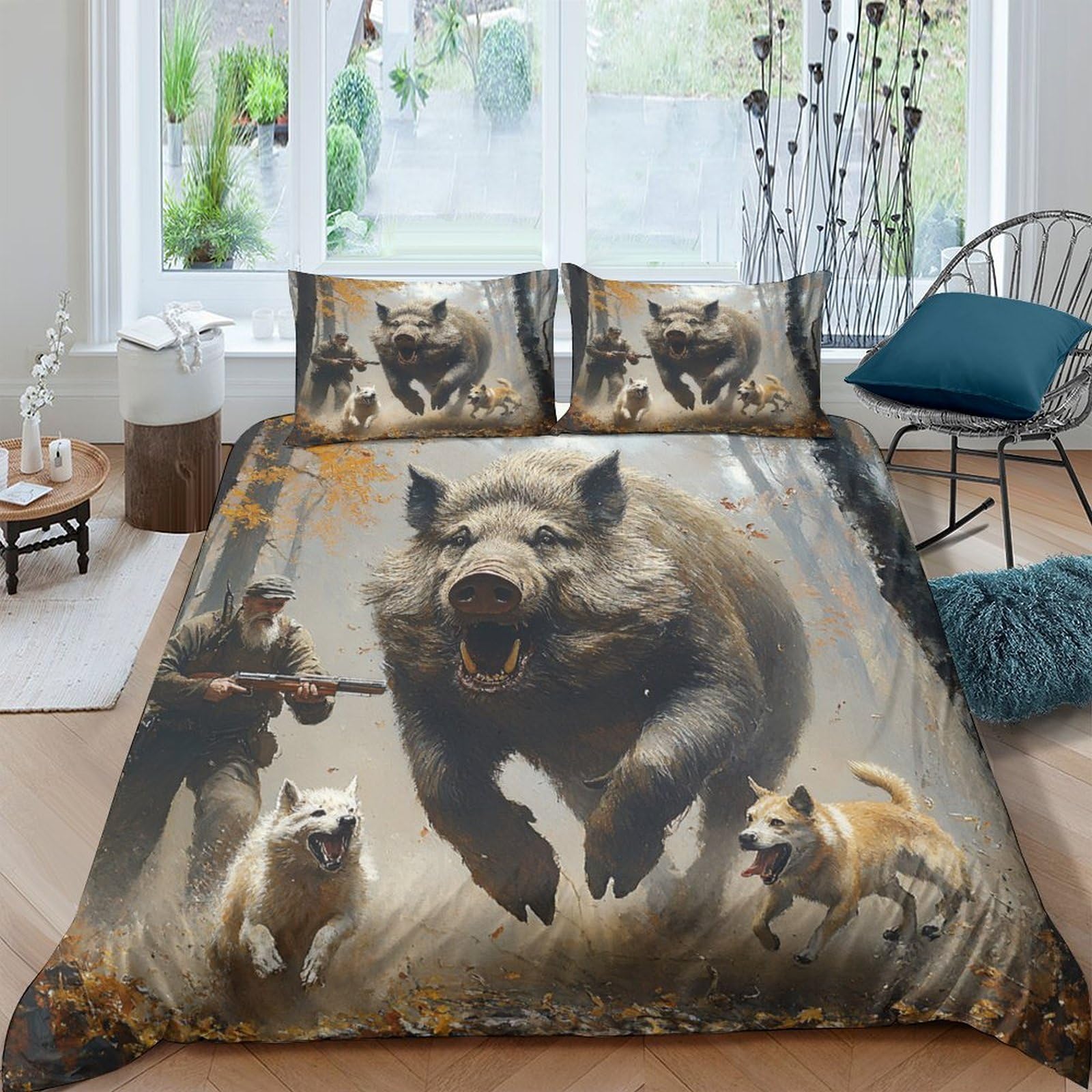 GPLZQXKJNH 3D Printed Wild Boar Hunting Duvet Cover Microfiber Soft Breathable Forest Animal Bedding Set with 2 Pillowcases for Bedroom Decor Single（135x200cm）