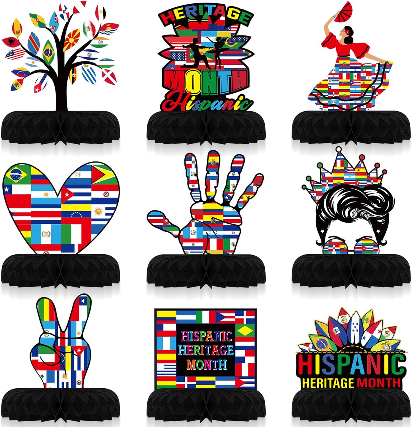Duraaamo 9 Pcs Hispanic Heritage Party Honeycomb Table Centerpiece Hispanic Heritage Month Table Decorations Hispanic Heritage Table Topper Decor for National Hispanic Heritage Month Party Supplies