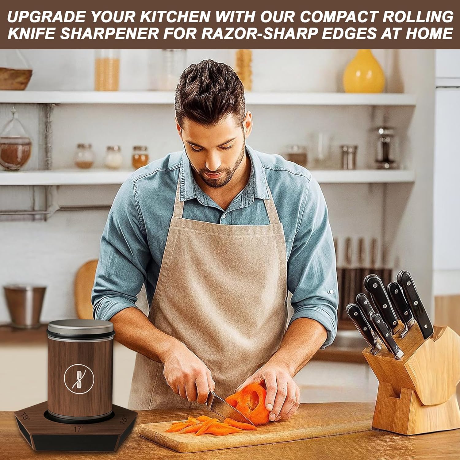 SKILO Rolling Knife Sharpener Made of Black American Walnut - Tumbler Knife Sharpener Knife Sharpening With Diamonds & Ceramic for Steel of Any Hardness With Magnetic Angle