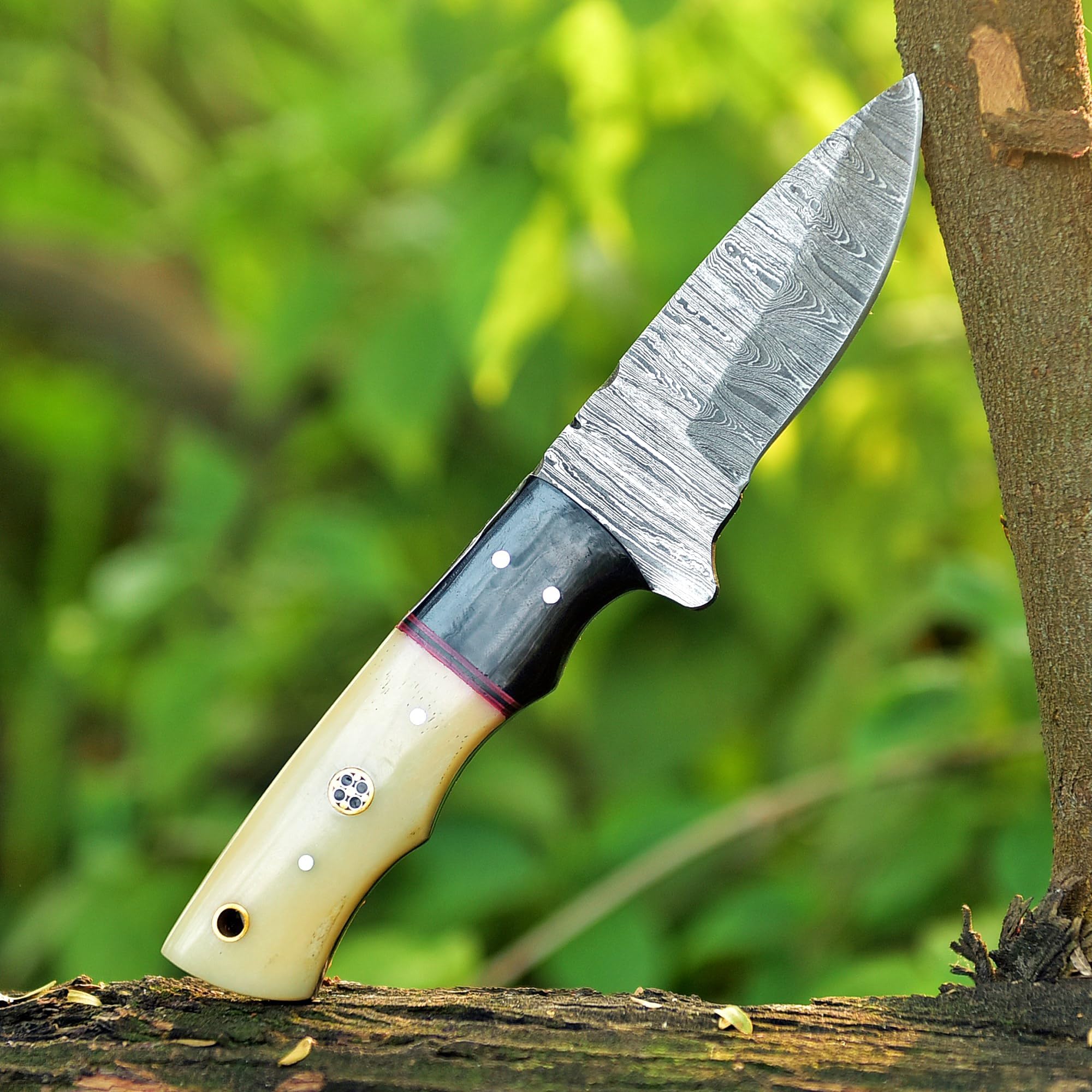 Hunting Knife - Full Tang Handmade Damascus Fixed Blade Knives With Leather Sheath - Use For Outdoor Camping, Hiking, Fishing, Hunting Horizontal Carry Bushcraft Knives