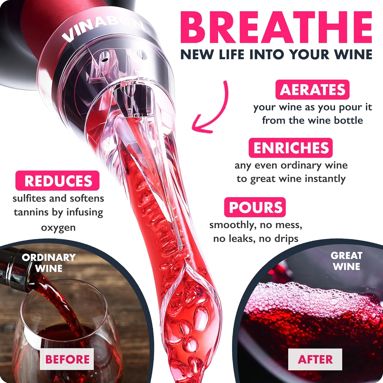 VINABON Wine Aerator Pourer Spout – Updated 2026 Professional Wine Aerator for Superior Flavor, Enhanced Bouquet & Rich, Smooth Finish. No-Leak, No-Drip, Spill-Free Design. Includes Wine Guide eBook - Image 5