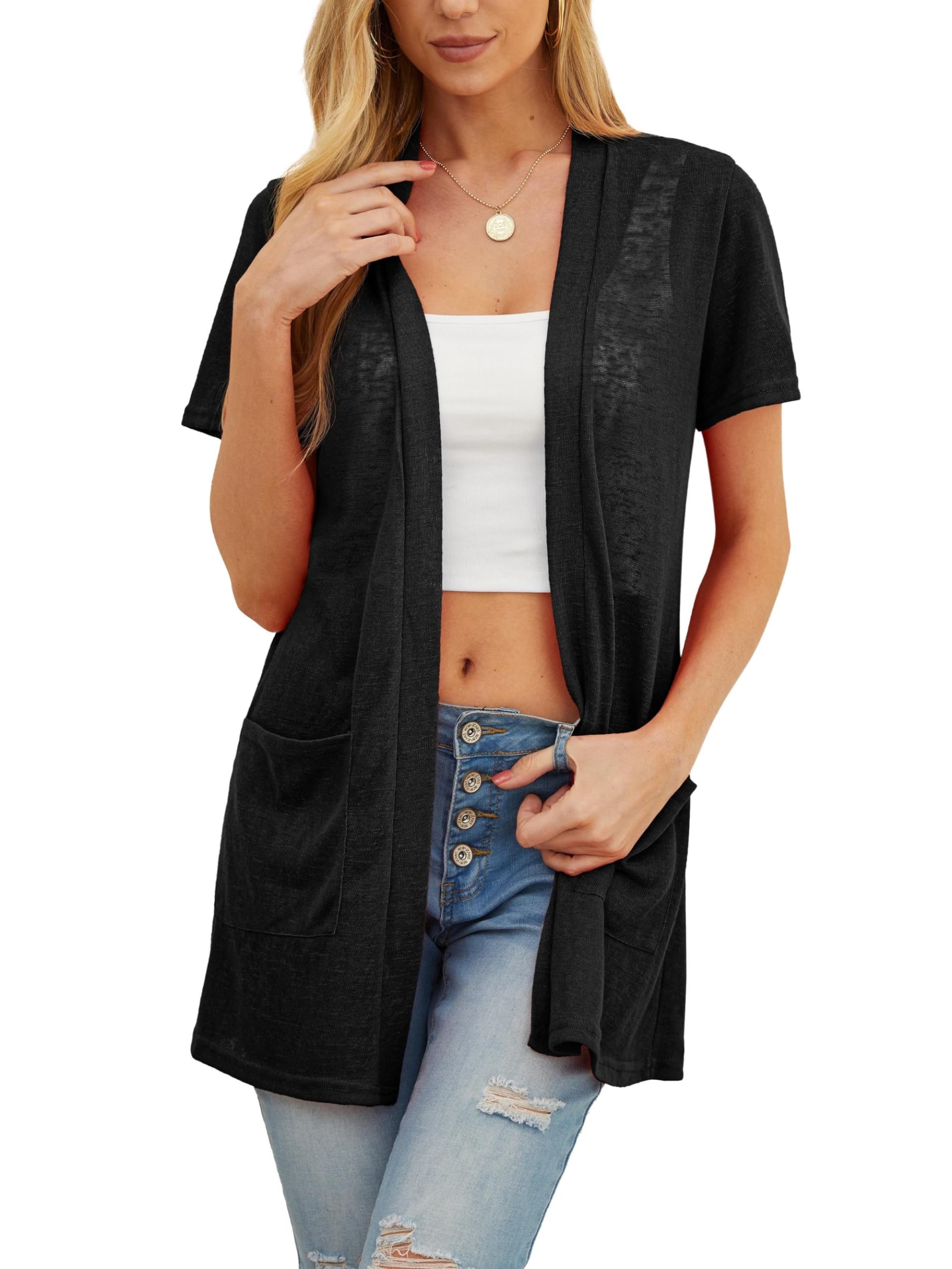 QIXING Cardigan estivo leggero da donna, protezione solare, traspirante, morbido cardigan a maniche corte, perfetto per notti estive, ufficio e appuntamenti